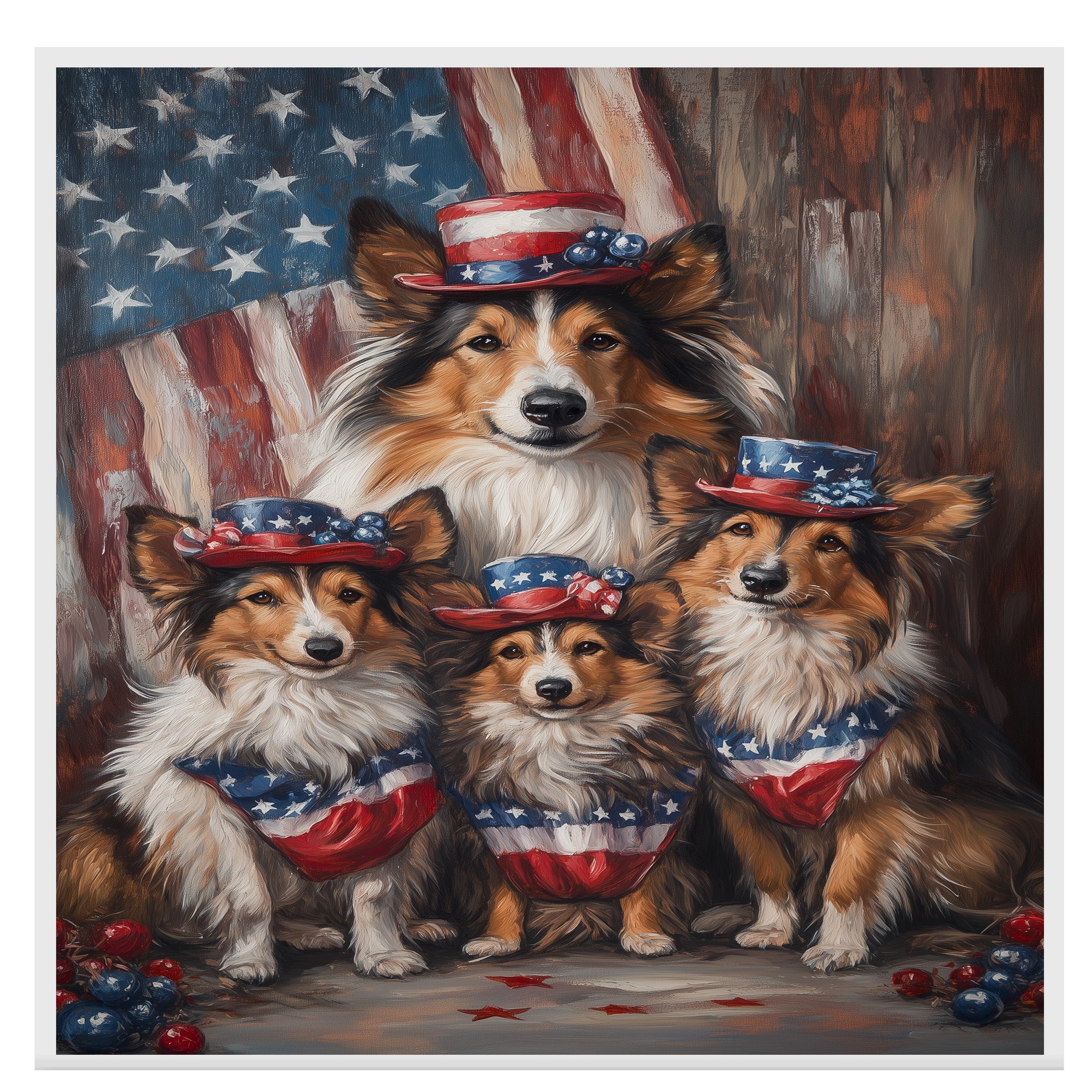 Mother Collie Dog and Three Puppies in Patriotic Hats and Flag-Themed Bandanas on Ready to Hang 1.5" Thick Canvas Wrap, Floating Framed Canvas, Flat Rolled Canvas