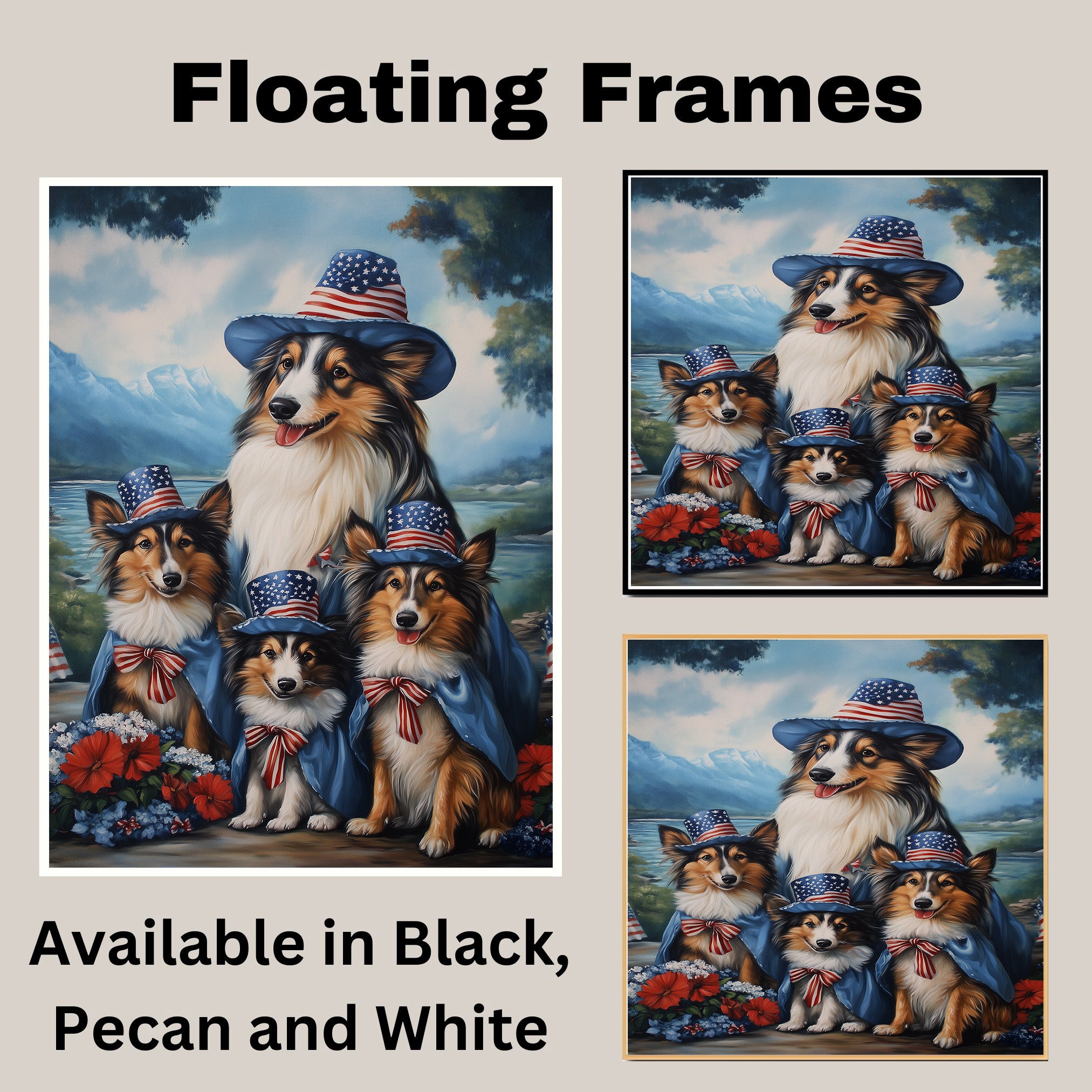 Mother Collie Dog and Three Puppies in Patriotic Hats and Capes by a Mountain Lake on Ready to Hang 1.5" Thick Canvas Wrap, Floating Framed Canvas, Flat Rolled Canvas