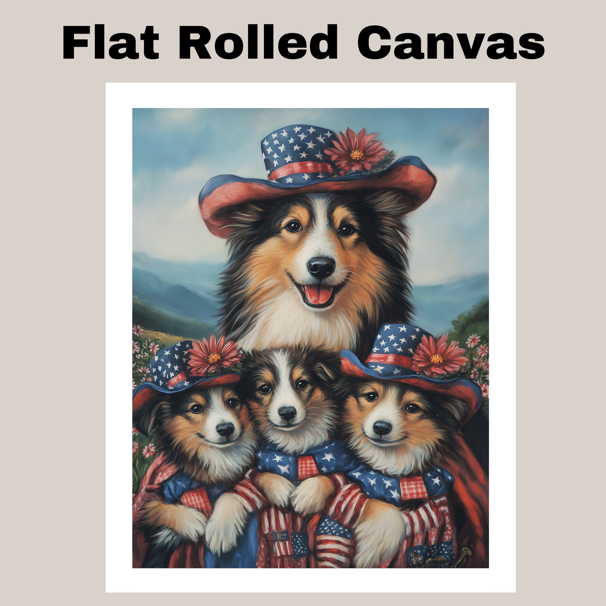 Mother Collie Dog and Three Puppies Wearing Patriotic Hats and American Flag Capes on Ready to Hang 1.5" Thick Canvas Wrap, Floating Framed Canvas, Flat Rolled Canvas