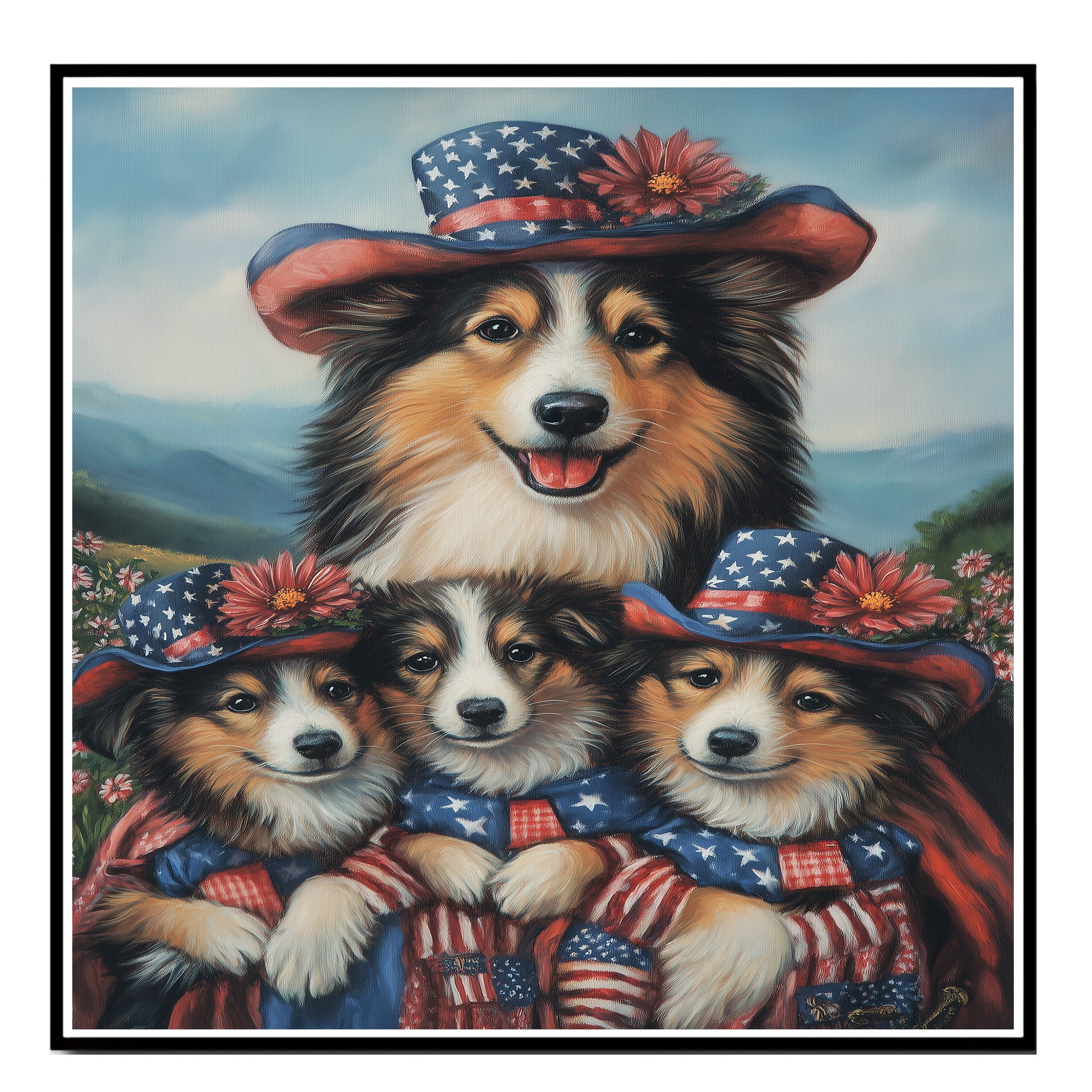 Mother Collie Dog and Three Puppies Wearing Patriotic Hats and American Flag Capes on Ready to Hang 1.5" Thick Canvas Wrap, Floating Framed Canvas, Flat Rolled Canvas