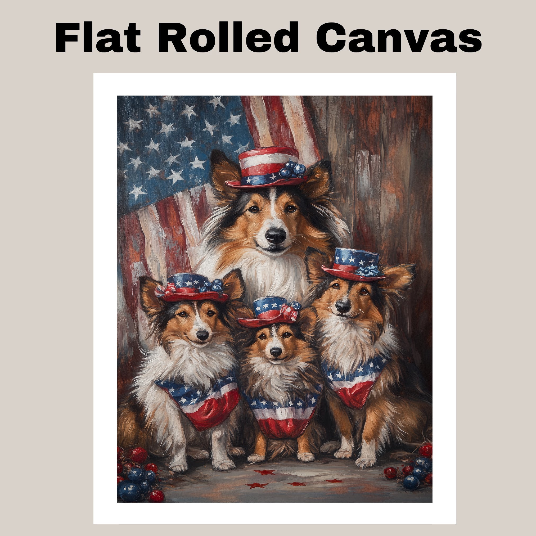 Mother Collie Dog and Three Puppies in Patriotic Hats and Flag-Themed Bandanas on Ready to Hang 1.5" Thick Canvas Wrap, Floating Framed Canvas, Flat Rolled Canvas