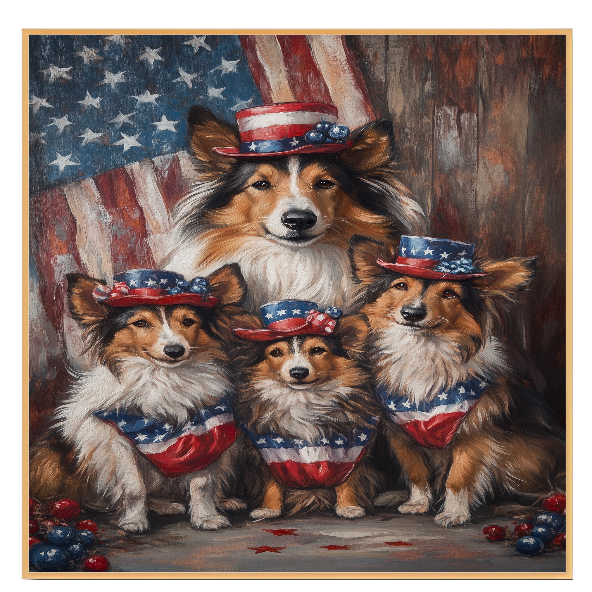 Mother Collie Dog and Three Puppies in Patriotic Hats and Flag-Themed Bandanas on Ready to Hang 1.5" Thick Canvas Wrap, Floating Framed Canvas, Flat Rolled Canvas