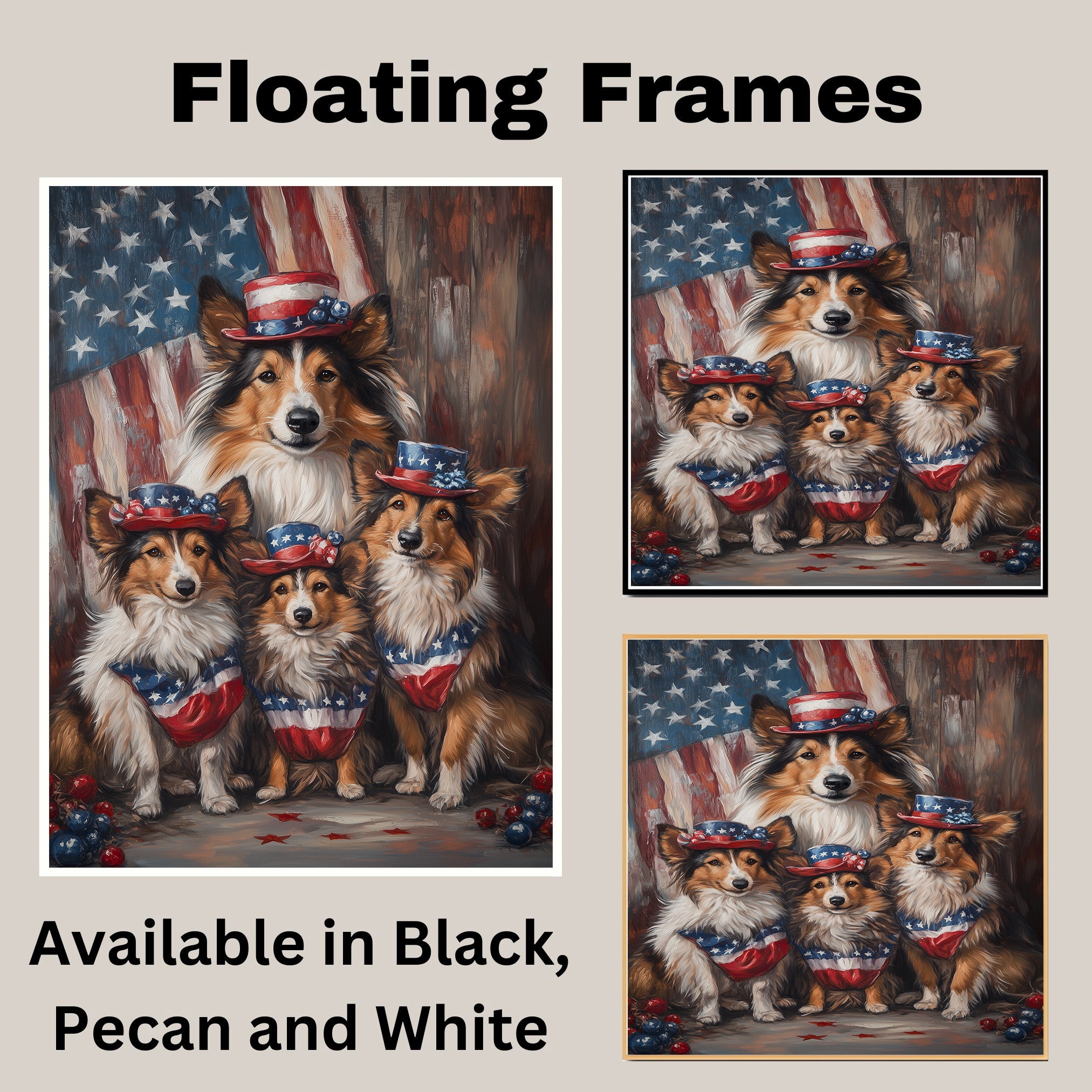 Mother Collie Dog and Three Puppies in Patriotic Hats and Flag-Themed Bandanas on Ready to Hang 1.5" Thick Canvas Wrap, Floating Framed Canvas, Flat Rolled Canvas
