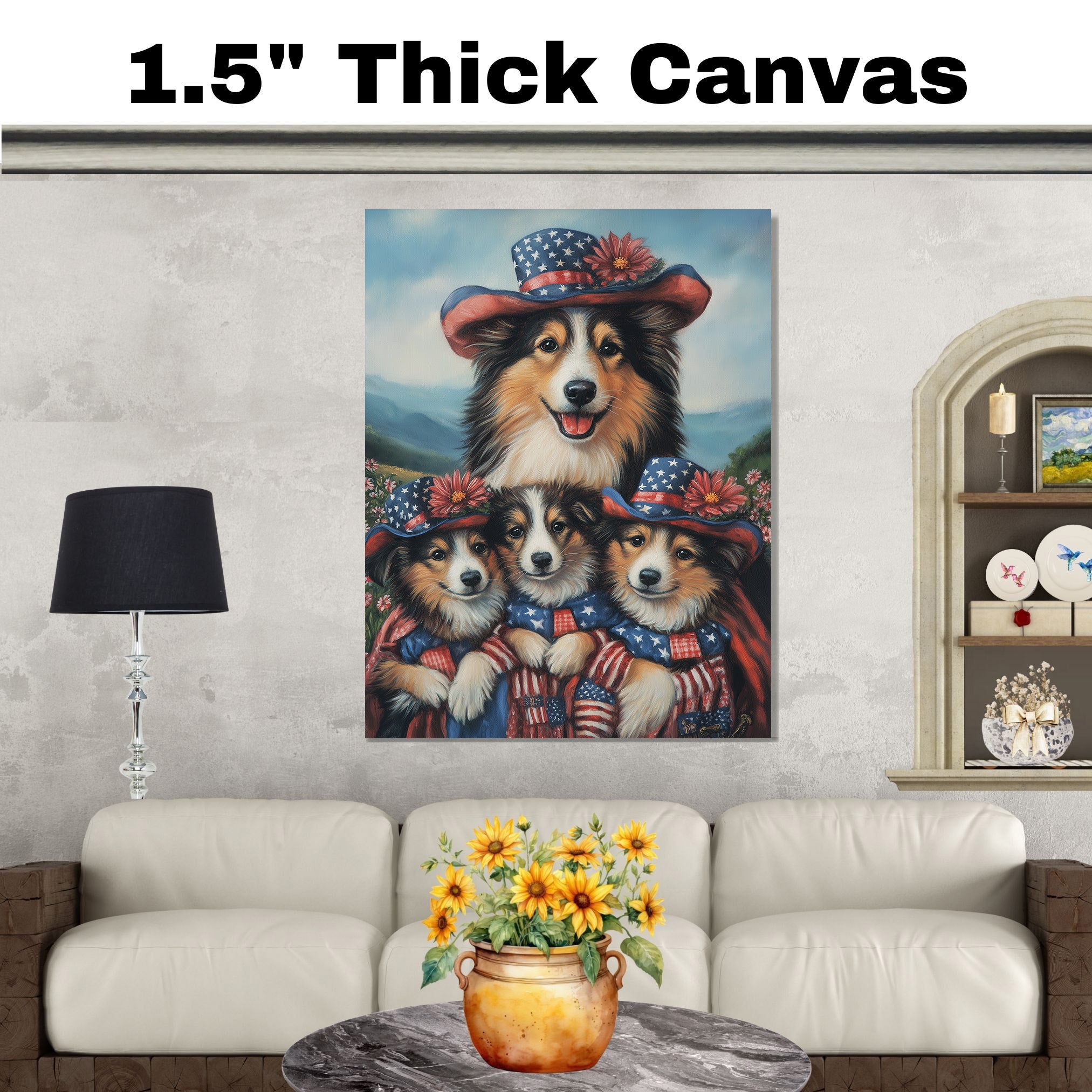 Mother Collie Dog and Three Puppies Wearing Patriotic Hats and American Flag Capes on Ready to Hang 1.5" Thick Canvas Wrap, Floating Framed Canvas, Flat Rolled Canvas