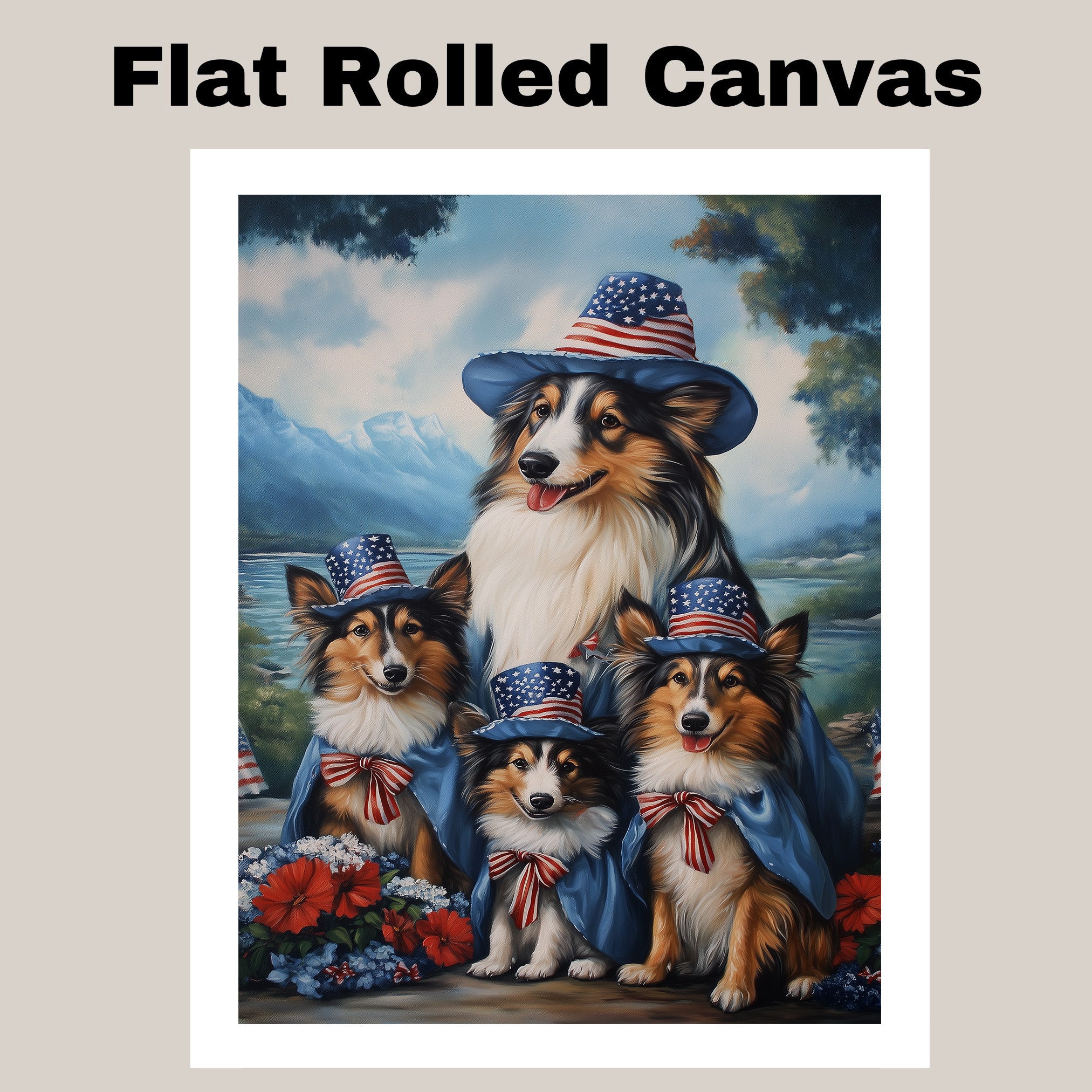 Mother Collie Dog and Three Puppies in Patriotic Hats and Capes by a Mountain Lake on Ready to Hang 1.5" Thick Canvas Wrap, Floating Framed Canvas, Flat Rolled Canvas