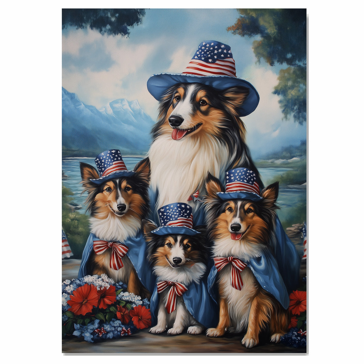 Mother Collie Dog and Three Puppies in Patriotic Hats and Capes by a Mountain Lake on Ready to Hang 1.5" Thick Canvas Wrap, Floating Framed Canvas, Flat Rolled Canvas