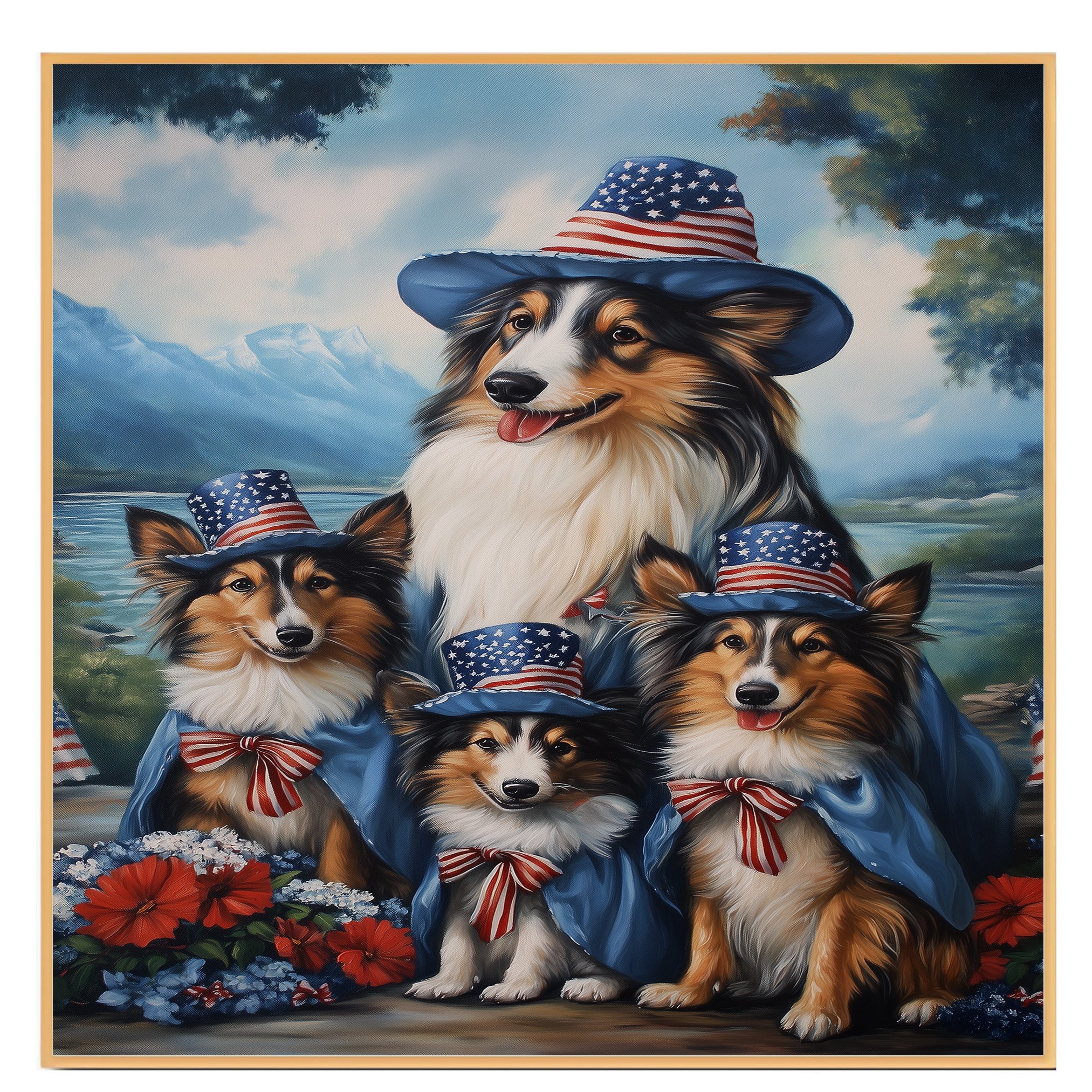 Mother Collie Dog and Three Puppies in Patriotic Hats and Capes by a Mountain Lake on Ready to Hang 1.5" Thick Canvas Wrap, Floating Framed Canvas, Flat Rolled Canvas