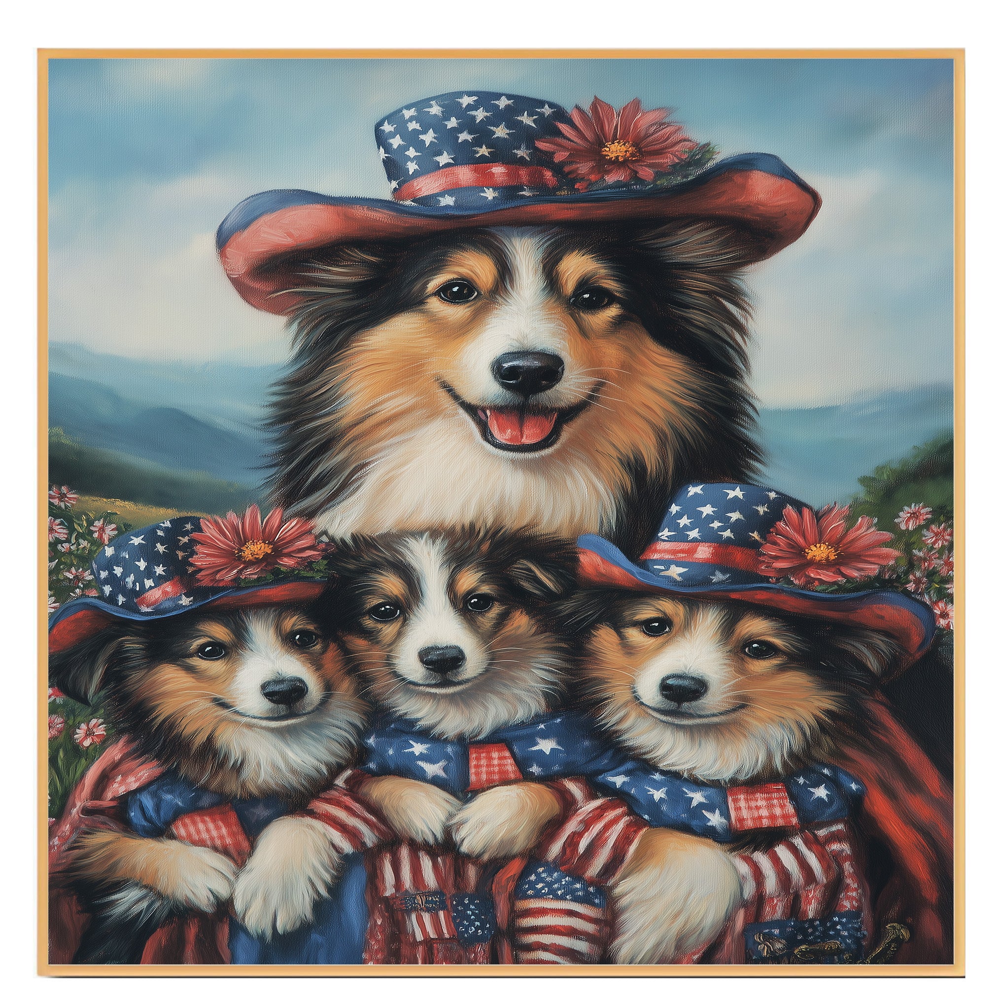Mother Collie Dog and Three Puppies Wearing Patriotic Hats and American Flag Capes on Ready to Hang 1.5" Thick Canvas Wrap, Floating Framed Canvas, Flat Rolled Canvas