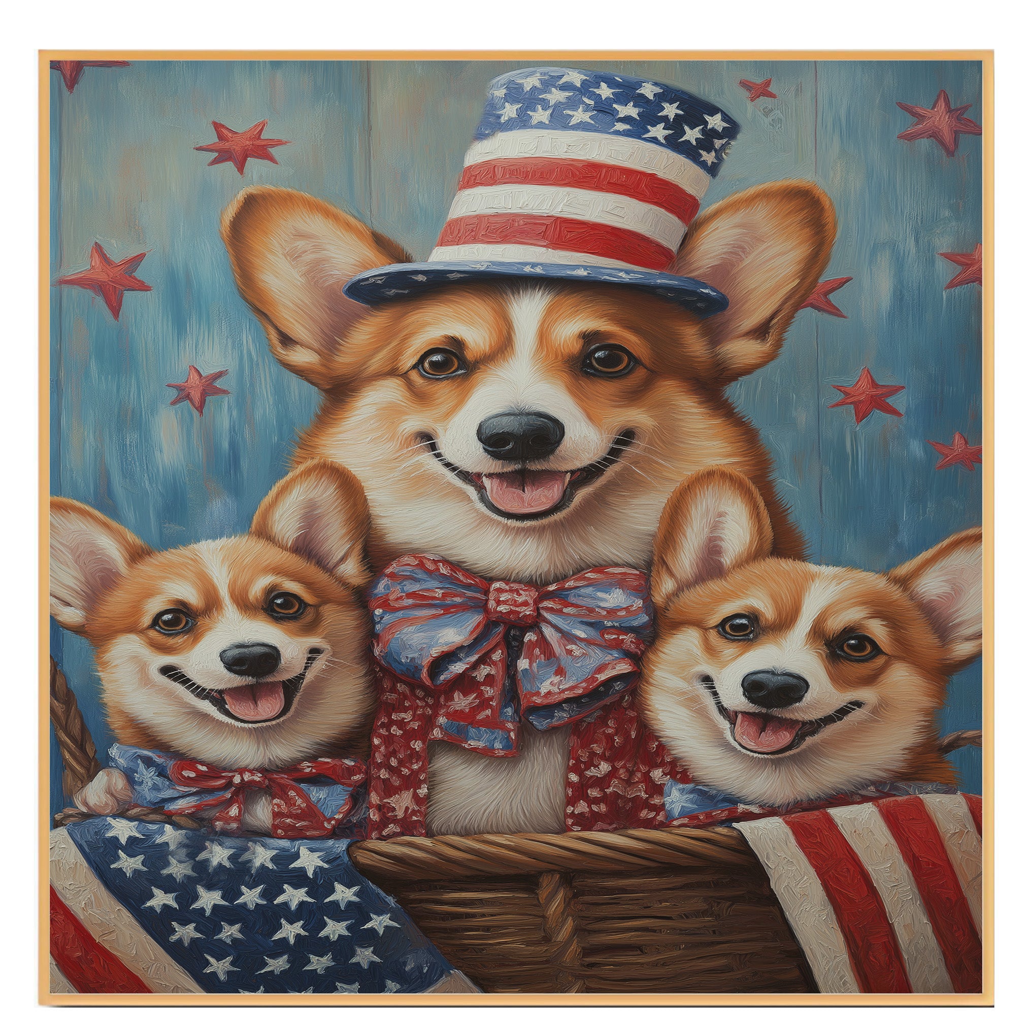 Mother Corgi Dog and Three Puppies in Patriotic Hats and Bows with American Flag Accents on Ready to Hang 1.5" Thick Canvas Wrap, Floating Framed Canvas, Flat Rolled Canvas