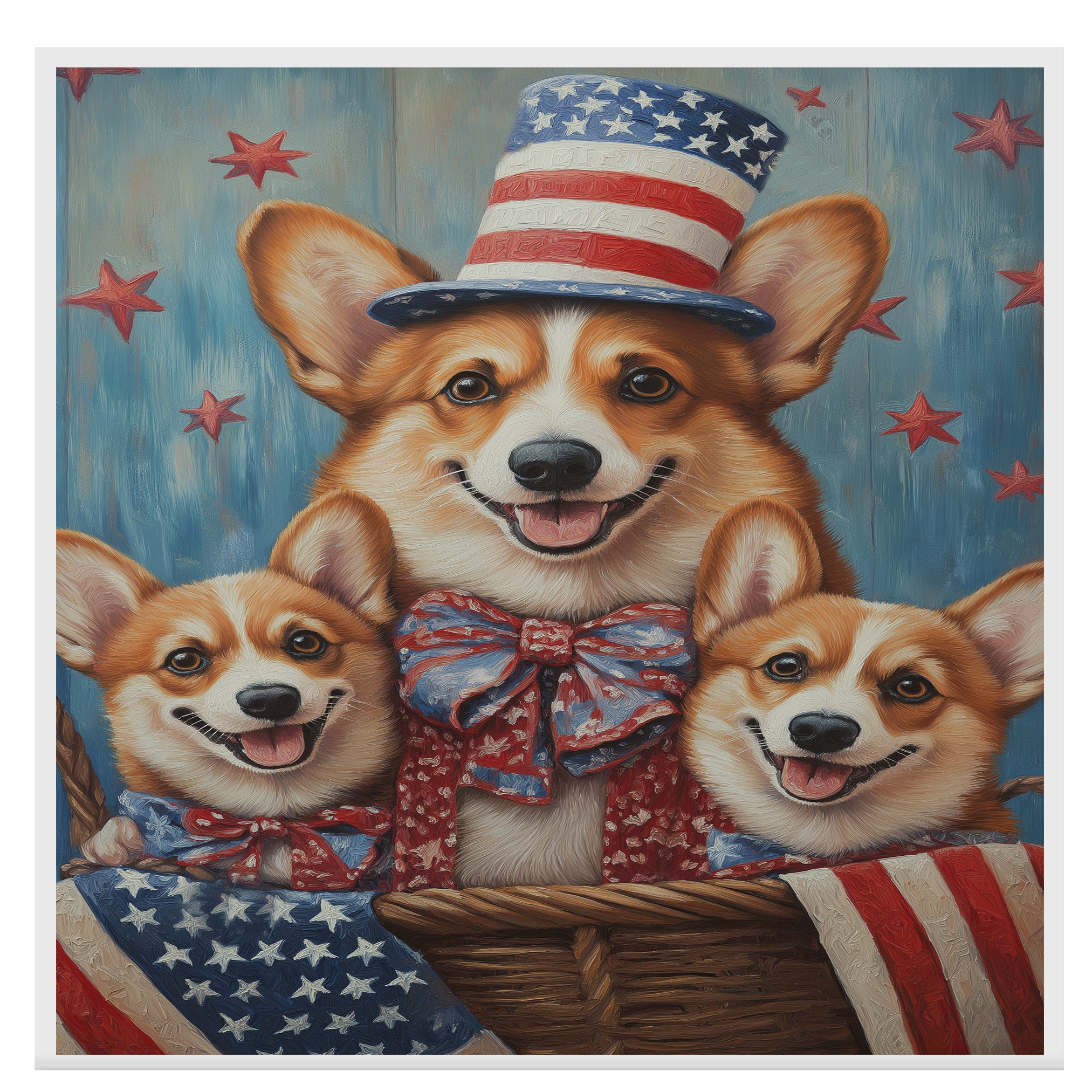Mother Corgi Dog and Three Puppies in Patriotic Hats and Bows with American Flag Accents on Ready to Hang 1.5" Thick Canvas Wrap, Floating Framed Canvas, Flat Rolled Canvas