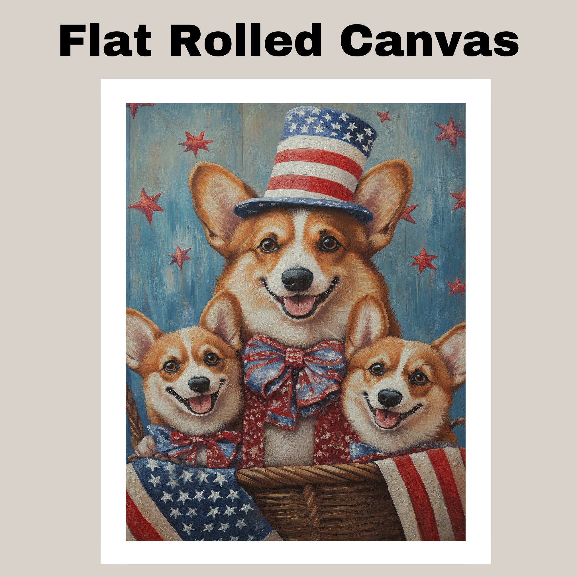 Mother Corgi Dog and Three Puppies in Patriotic Hats and Bows with American Flag Accents on Ready to Hang 1.5" Thick Canvas Wrap, Floating Framed Canvas, Flat Rolled Canvas