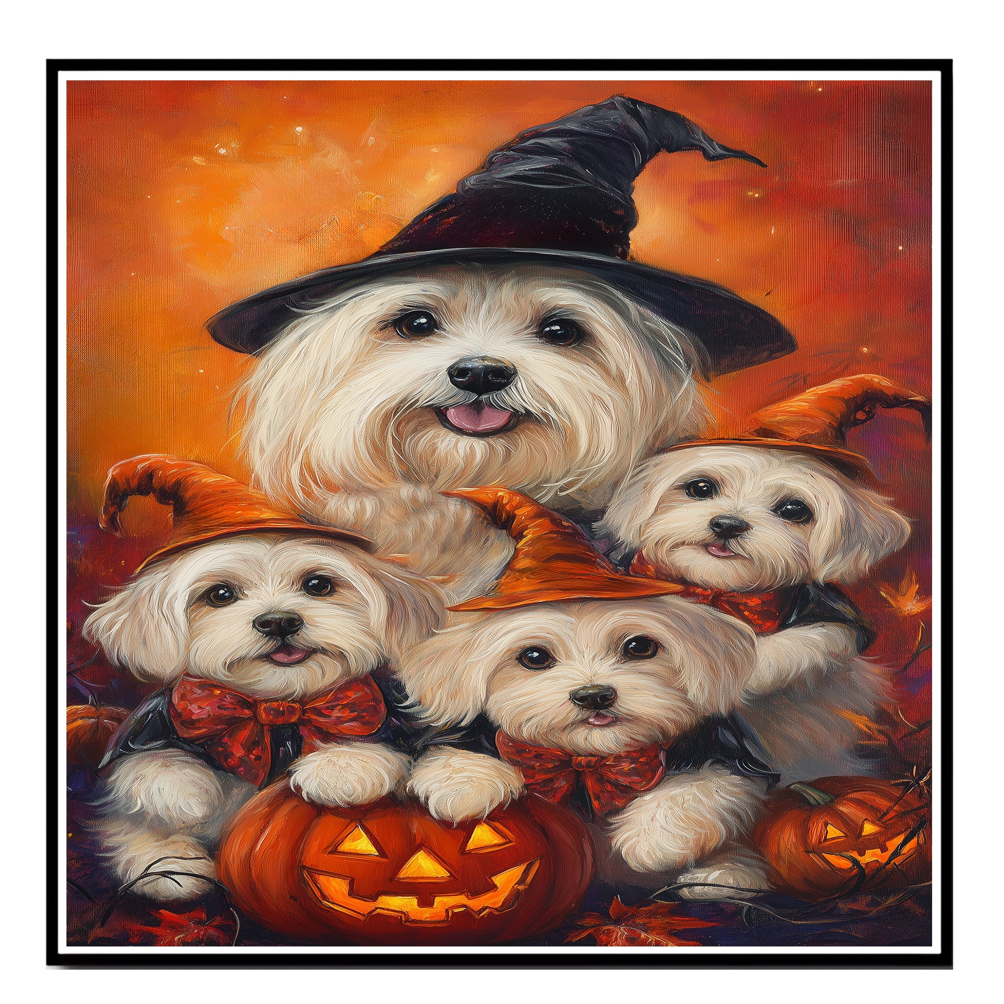 Coton de Tulear Dog Halloween Canvas Wall Art with Pumpkins Rustic Fall Accent for Cozy Autumn Homes on Ready to Hang 1.5" Thick Canvas Wrap, Floating Framed Canvas, Flat Rolled Canvas