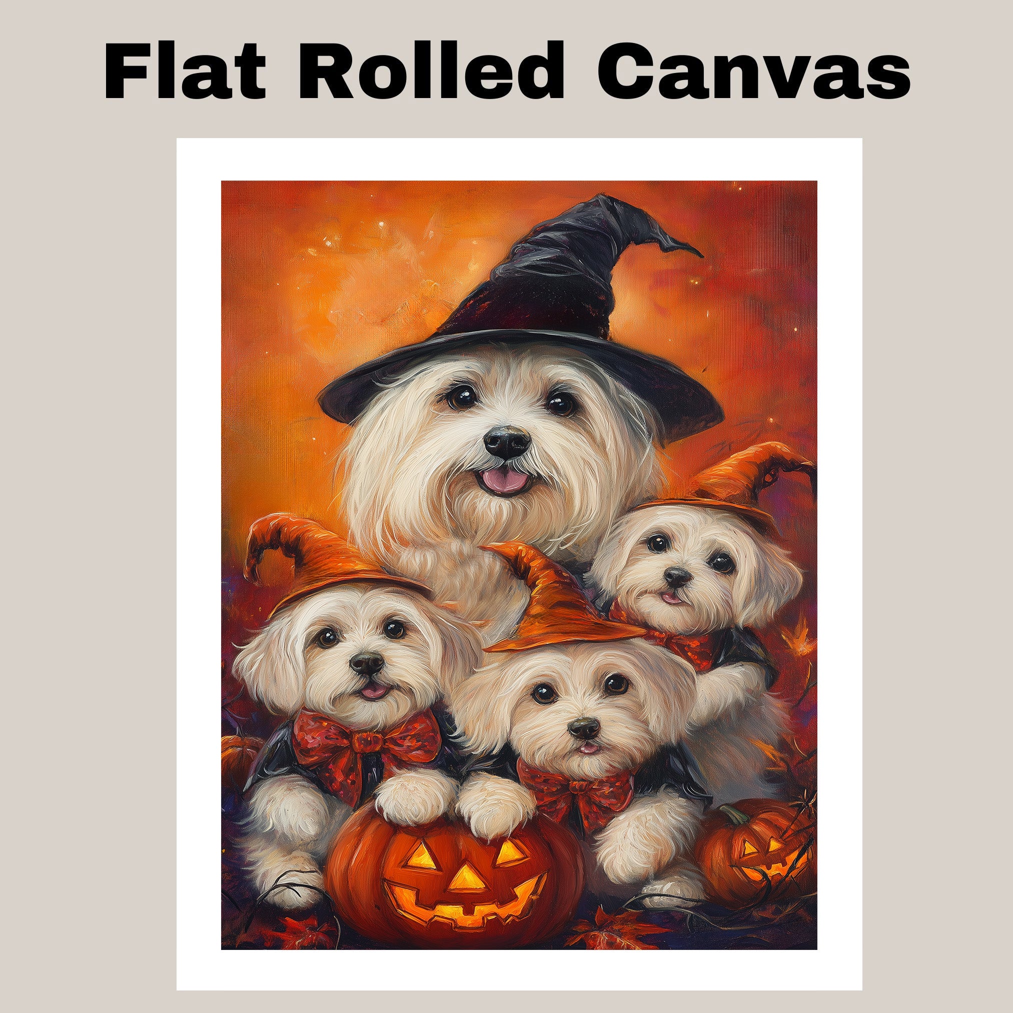 Coton de Tulear Dog Halloween Canvas Wall Art with Pumpkins Rustic Fall Accent for Cozy Autumn Homes on Ready to Hang 1.5" Thick Canvas Wrap, Floating Framed Canvas, Flat Rolled Canvas