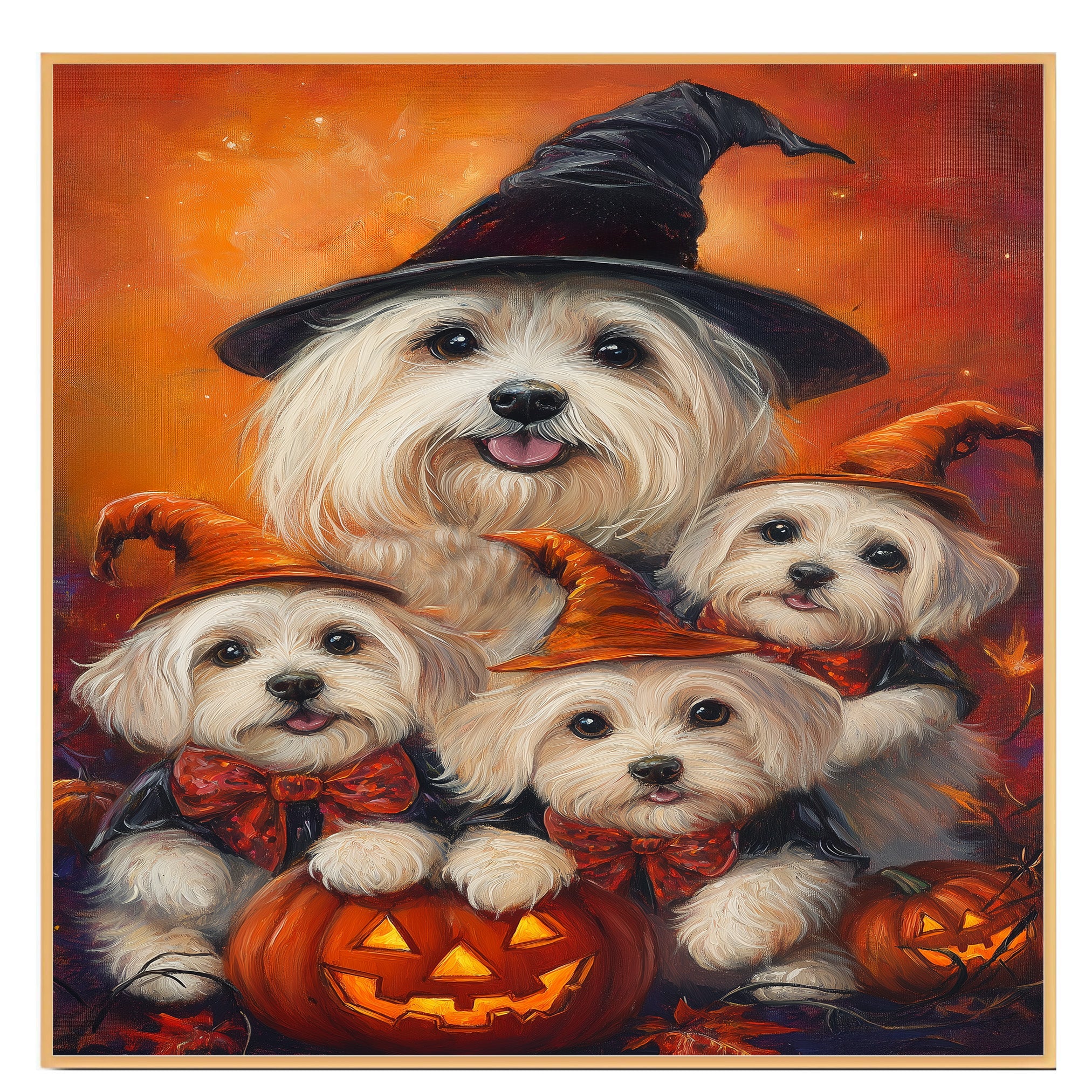 Coton de Tulear Dog Halloween Canvas Wall Art with Pumpkins Rustic Fall Accent for Cozy Autumn Homes on Ready to Hang 1.5" Thick Canvas Wrap, Floating Framed Canvas, Flat Rolled Canvas