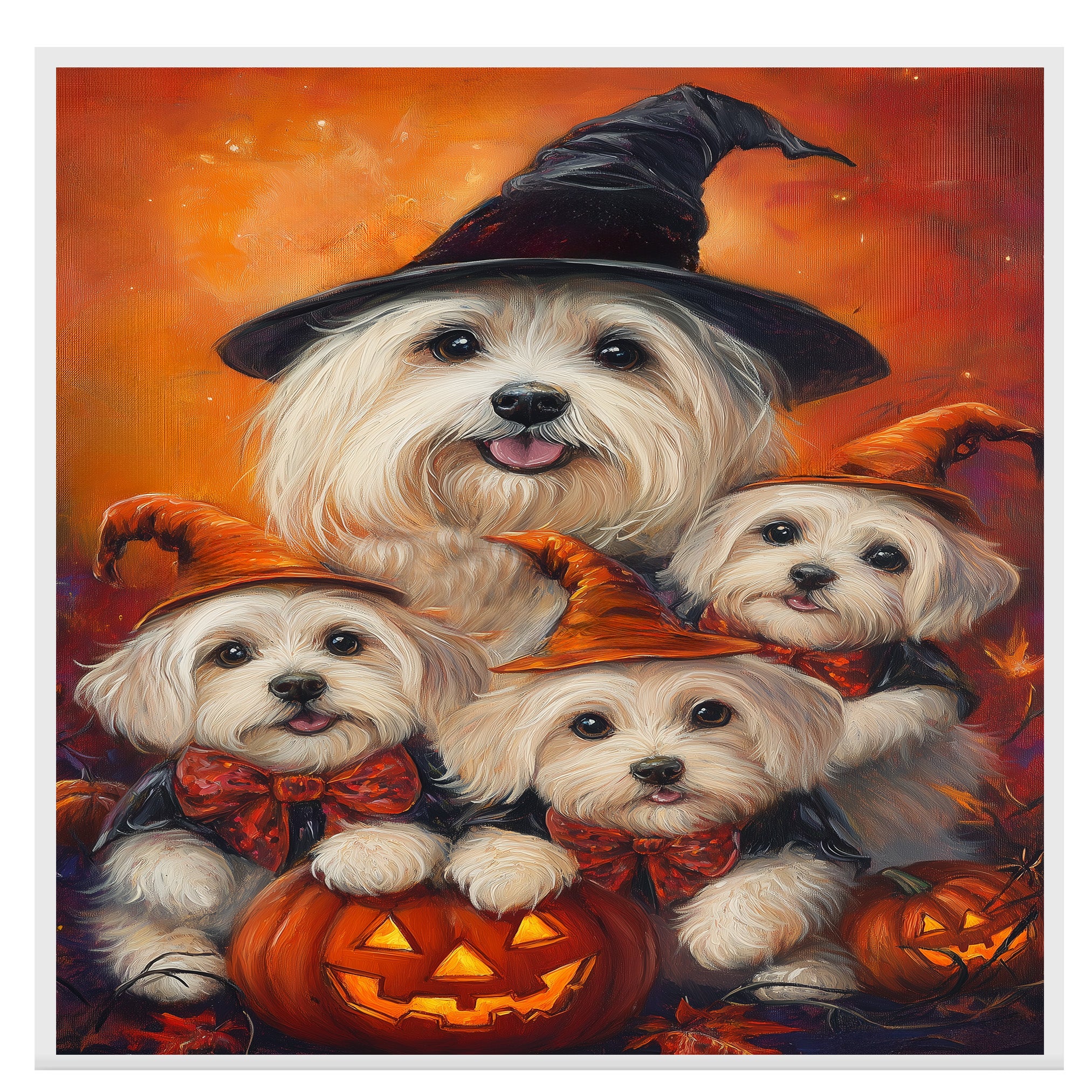 Coton de Tulear Dog Halloween Canvas Wall Art with Pumpkins Rustic Fall Accent for Cozy Autumn Homes on Ready to Hang 1.5" Thick Canvas Wrap, Floating Framed Canvas, Flat Rolled Canvas