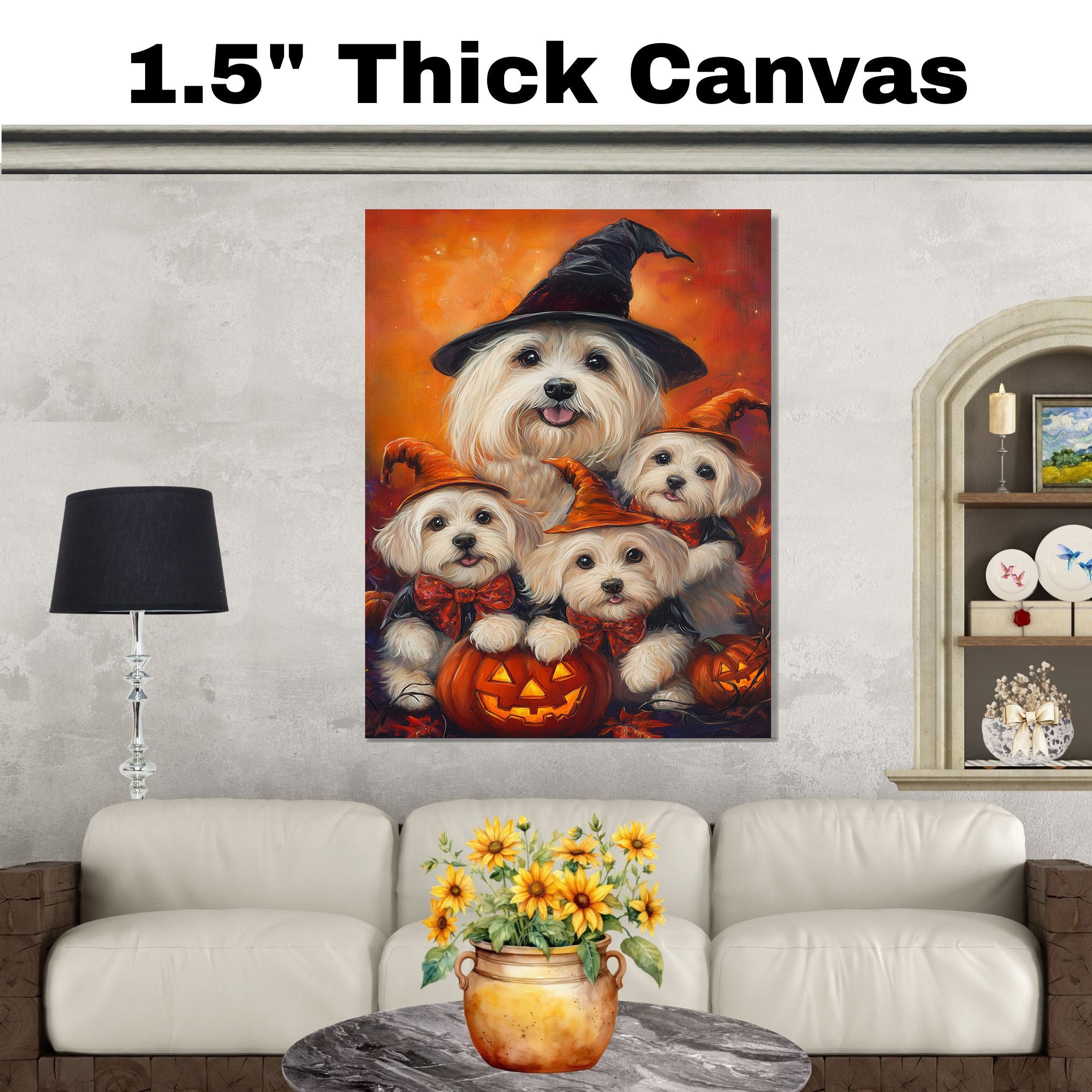 Coton de Tulear Dog Halloween Canvas Wall Art with Pumpkins Rustic Fall Accent for Cozy Autumn Homes on Ready to Hang 1.5" Thick Canvas Wrap, Floating Framed Canvas, Flat Rolled Canvas