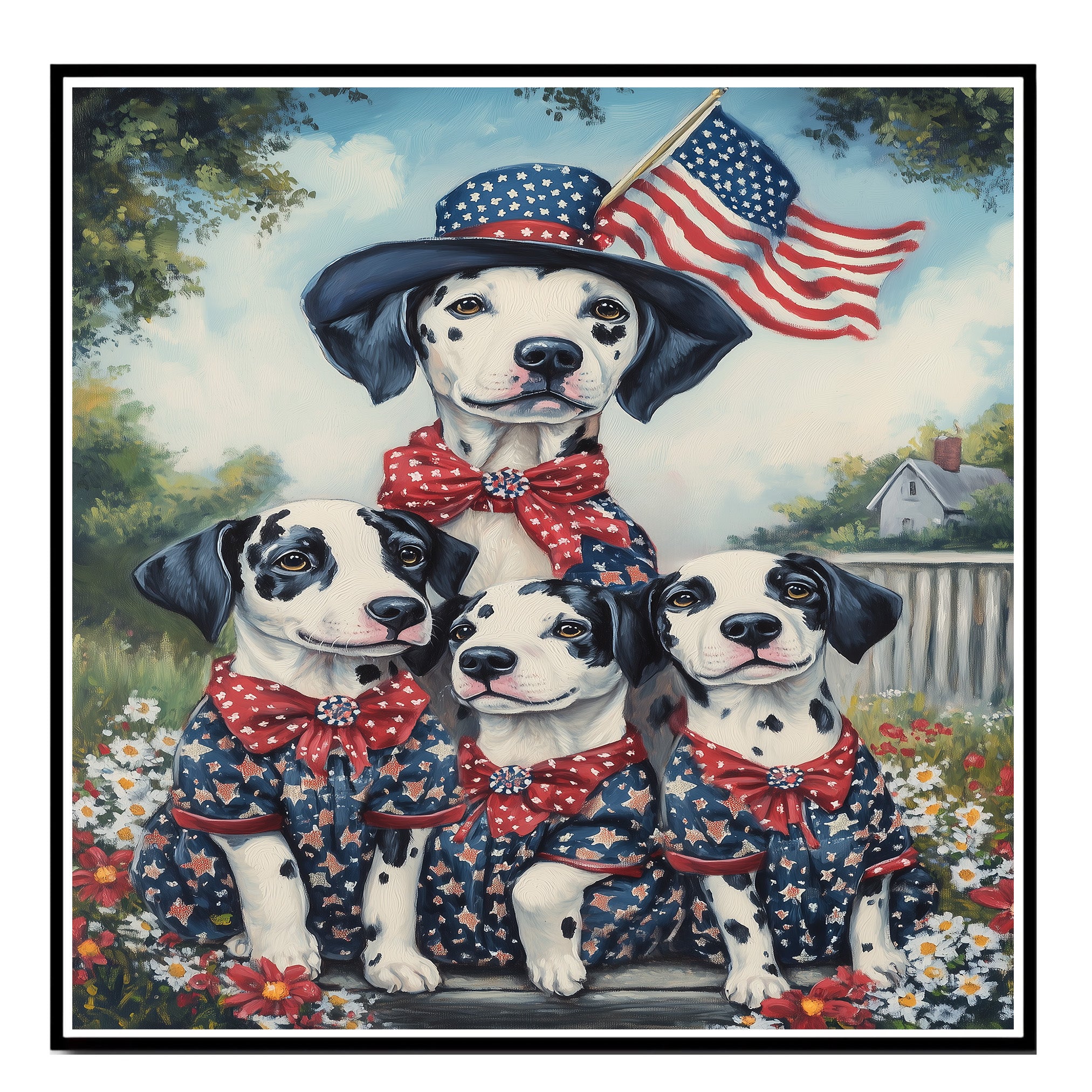 Mother Dalmatian Dog and Three Puppies in Patriotic Star Outfits with American Flag on Ready to Hang 1.5" Thick Canvas Wrap, Floating Framed Canvas, Flat Rolled Canvas