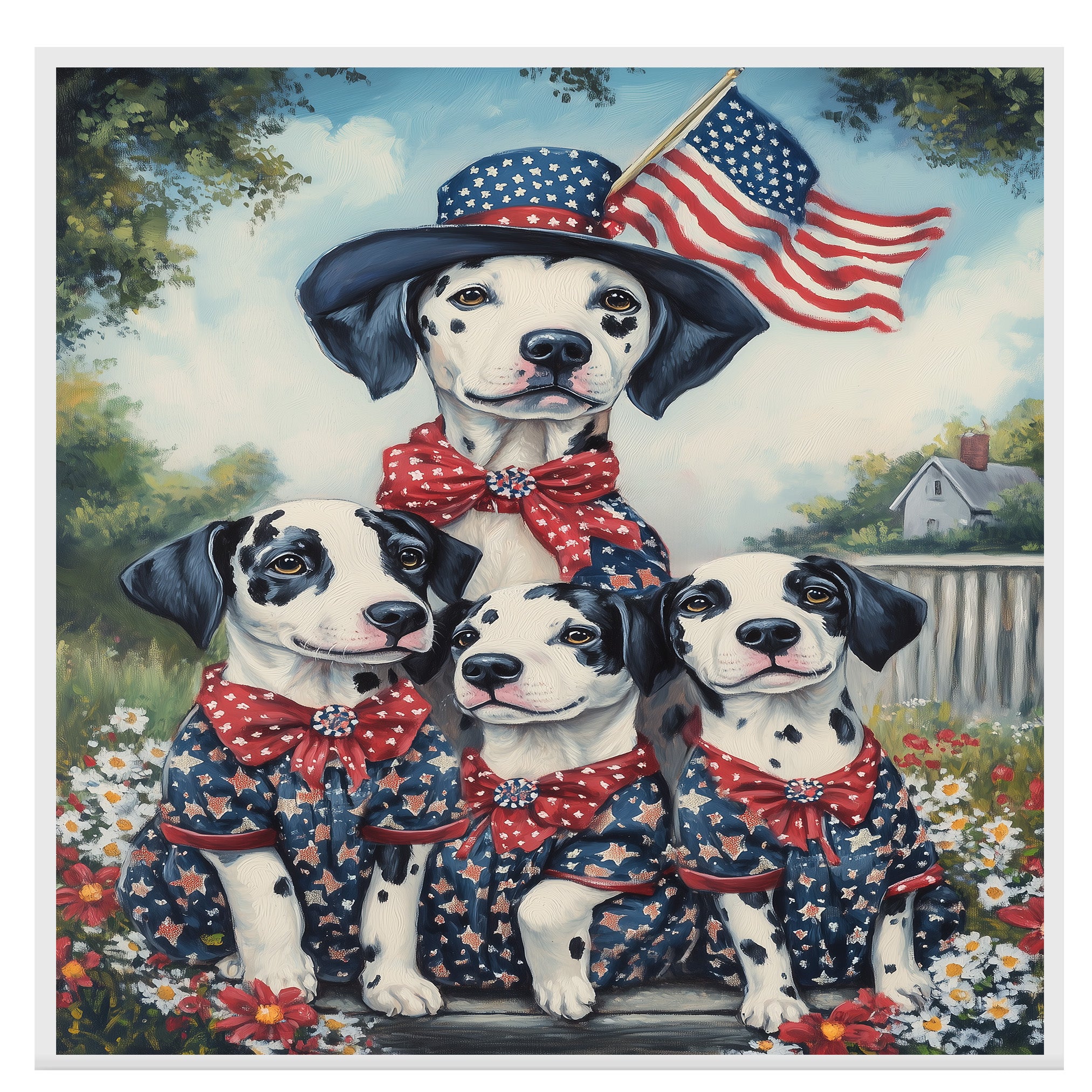 Mother Dalmatian Dog and Three Puppies in Patriotic Star Outfits with American Flag on Ready to Hang 1.5" Thick Canvas Wrap, Floating Framed Canvas, Flat Rolled Canvas