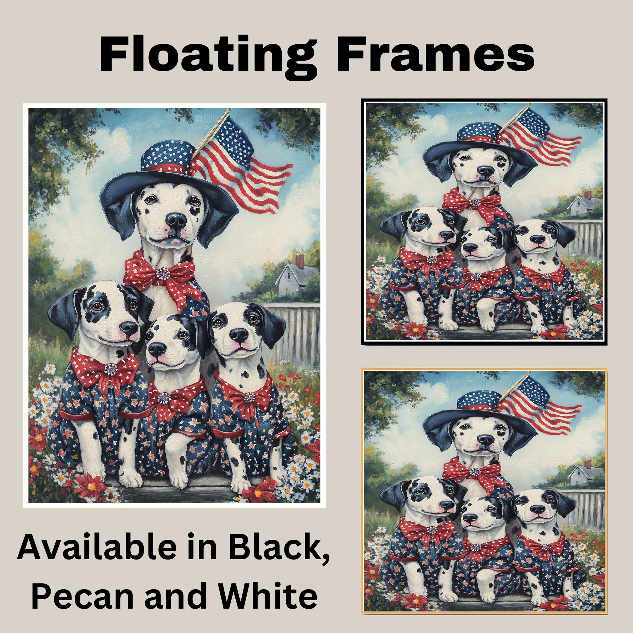 Mother Dalmatian Dog and Three Puppies in Patriotic Star Outfits with American Flag on Ready to Hang 1.5" Thick Canvas Wrap, Floating Framed Canvas, Flat Rolled Canvas