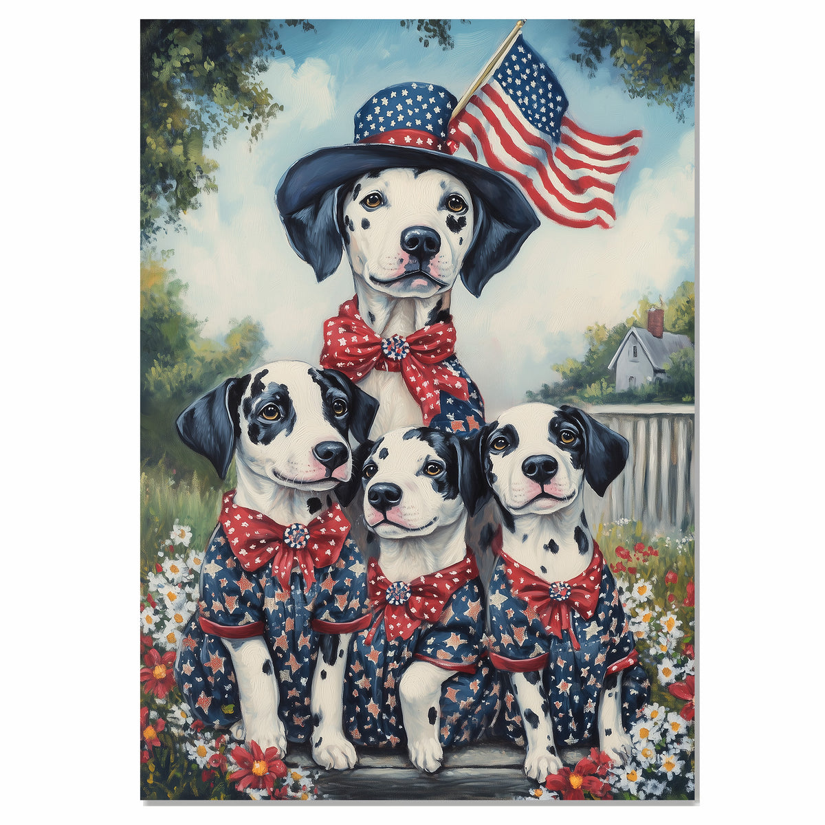 Mother Dalmatian Dog and Three Puppies in Patriotic Star Outfits with American Flag on Ready to Hang 1.5" Thick Canvas Wrap, Floating Framed Canvas, Flat Rolled Canvas