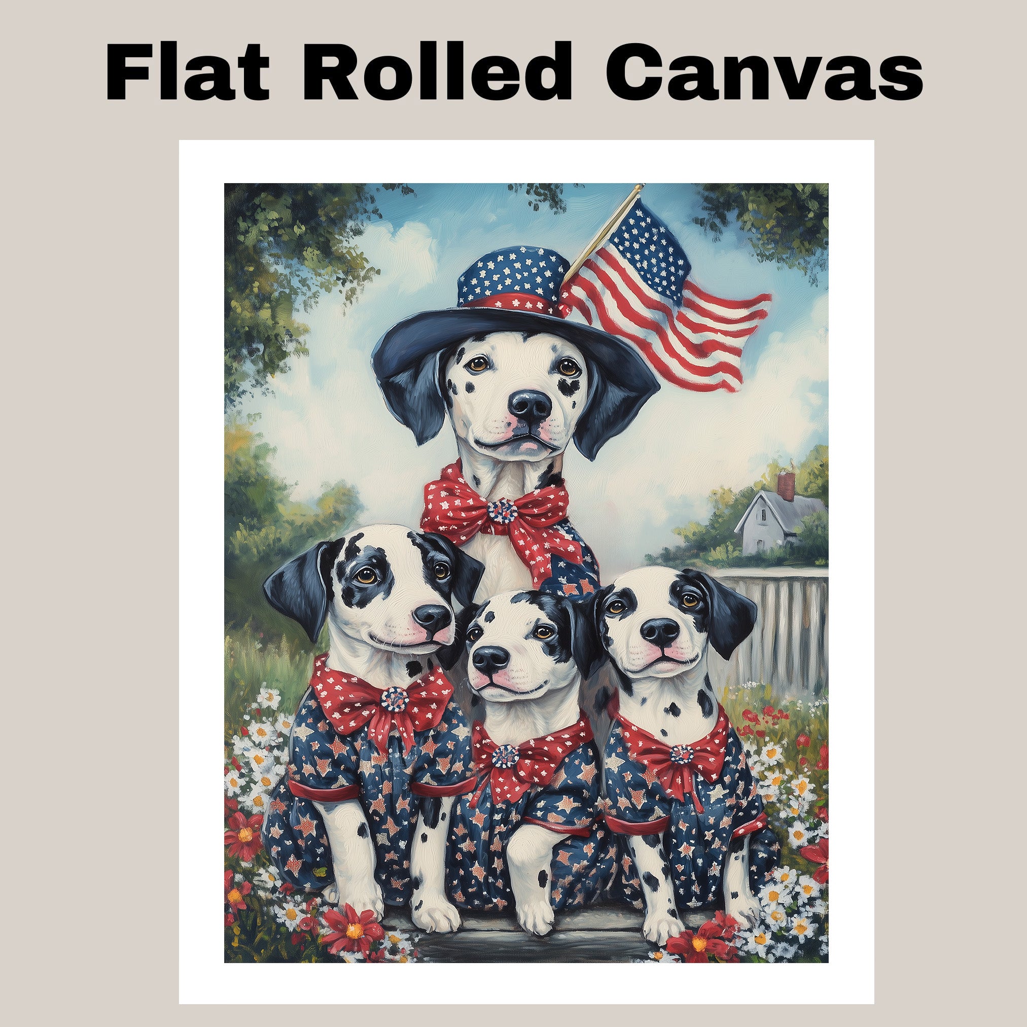 Mother Dalmatian Dog and Three Puppies in Patriotic Star Outfits with American Flag on Ready to Hang 1.5" Thick Canvas Wrap, Floating Framed Canvas, Flat Rolled Canvas