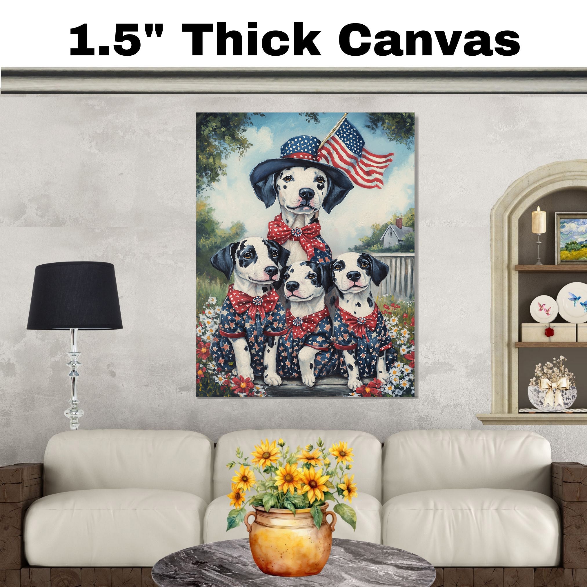 Mother Dalmatian Dog and Three Puppies in Patriotic Star Outfits with American Flag on Ready to Hang 1.5" Thick Canvas Wrap, Floating Framed Canvas, Flat Rolled Canvas