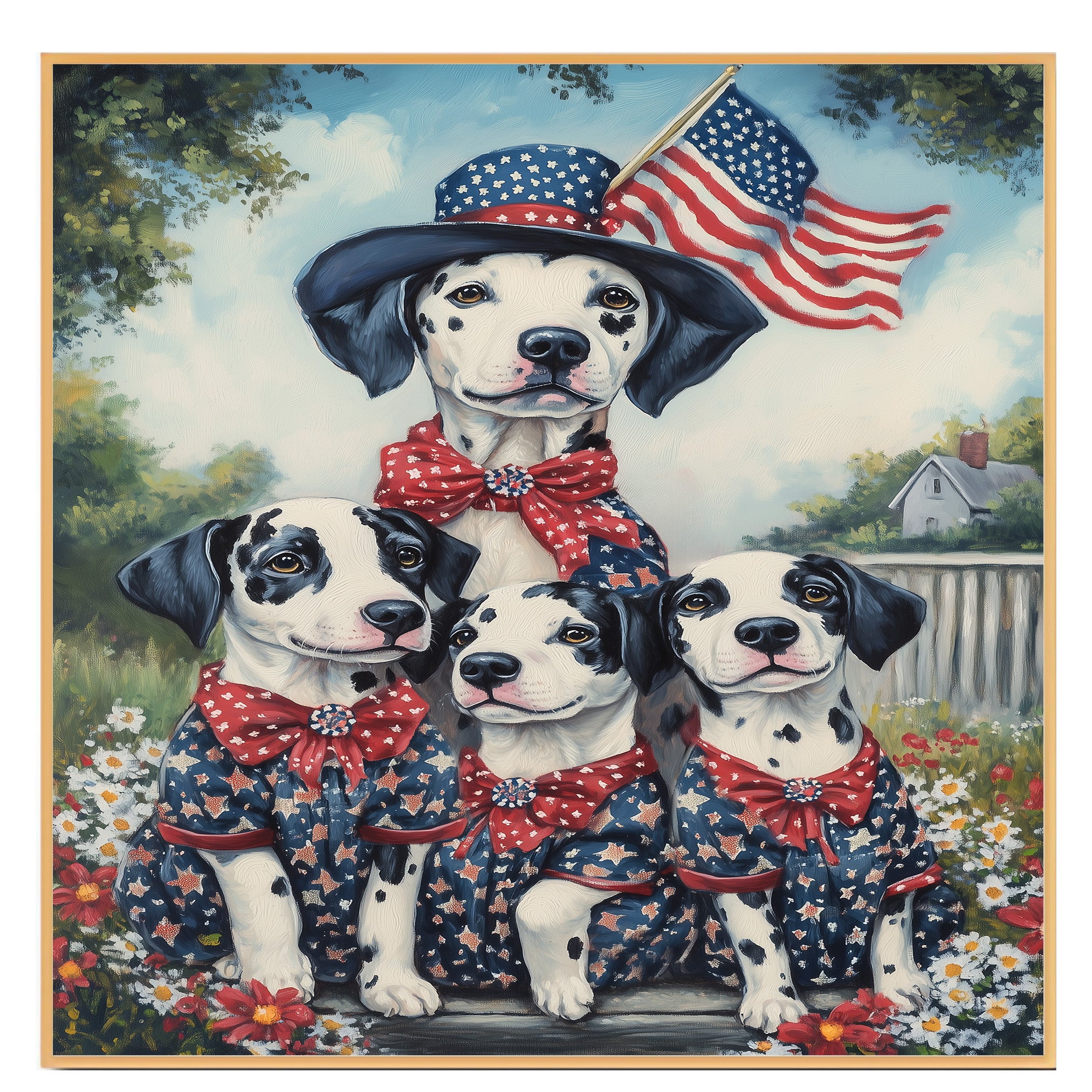 Mother Dalmatian Dog and Three Puppies in Patriotic Star Outfits with American Flag on Ready to Hang 1.5" Thick Canvas Wrap, Floating Framed Canvas, Flat Rolled Canvas
