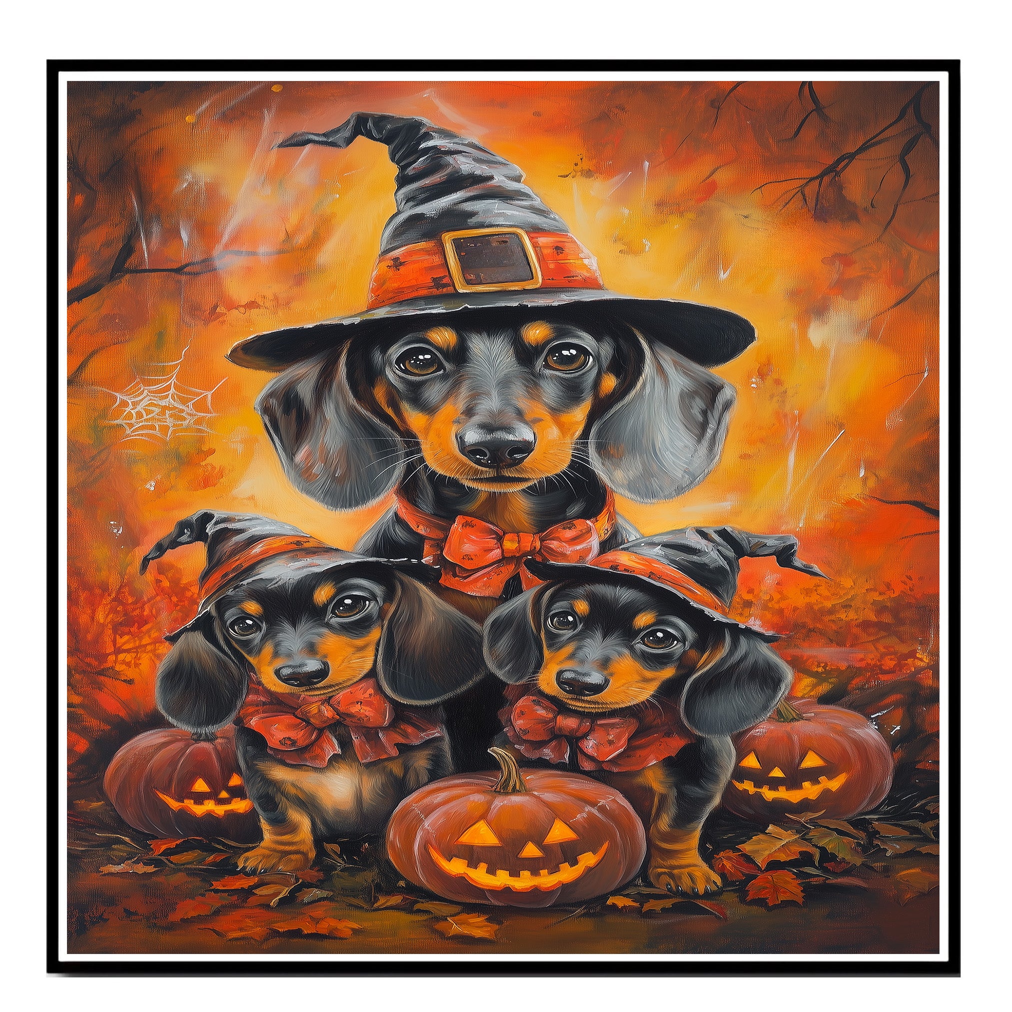 Dachshund Dog Halloween Canvas Wall Art with Pumpkins and Witch Hats Rustic Fall Accent for Cozy Autumn Homes on Ready to Hang 1.5" Thick Canvas Wrap, Floating Framed Canvas, Flat Rolled Canvas