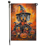 Dachshund Pumpkins with Carving Smiles Autumn Leaves Garden Yard Flag for Dog Lovers Spider Web Bat Holiday Flag for Yard Pet Lovers Halloween Puppies Garden Flag
