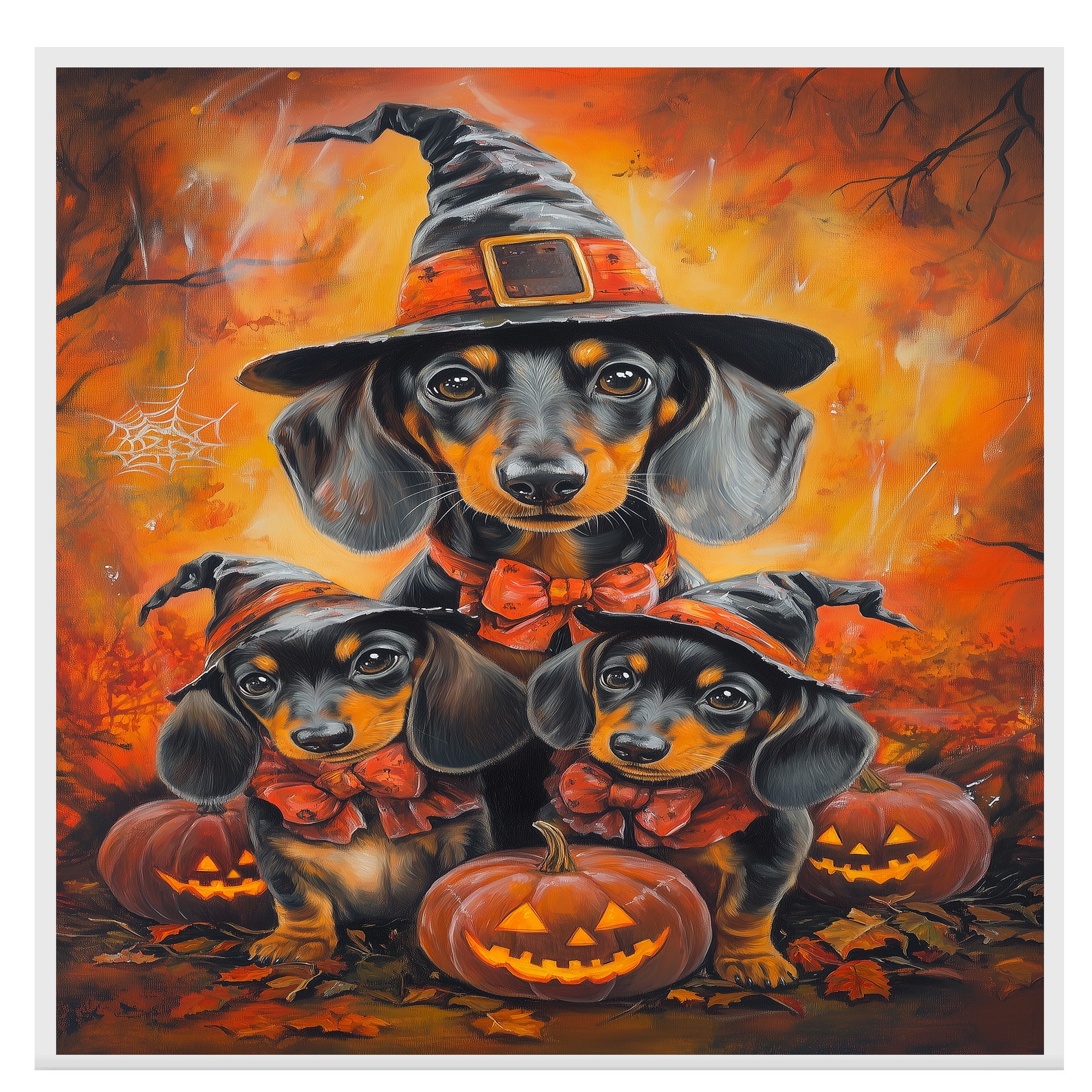 Dachshund Dog Halloween Canvas Wall Art with Pumpkins and Witch Hats Rustic Fall Accent for Cozy Autumn Homes on Ready to Hang 1.5" Thick Canvas Wrap, Floating Framed Canvas, Flat Rolled Canvas