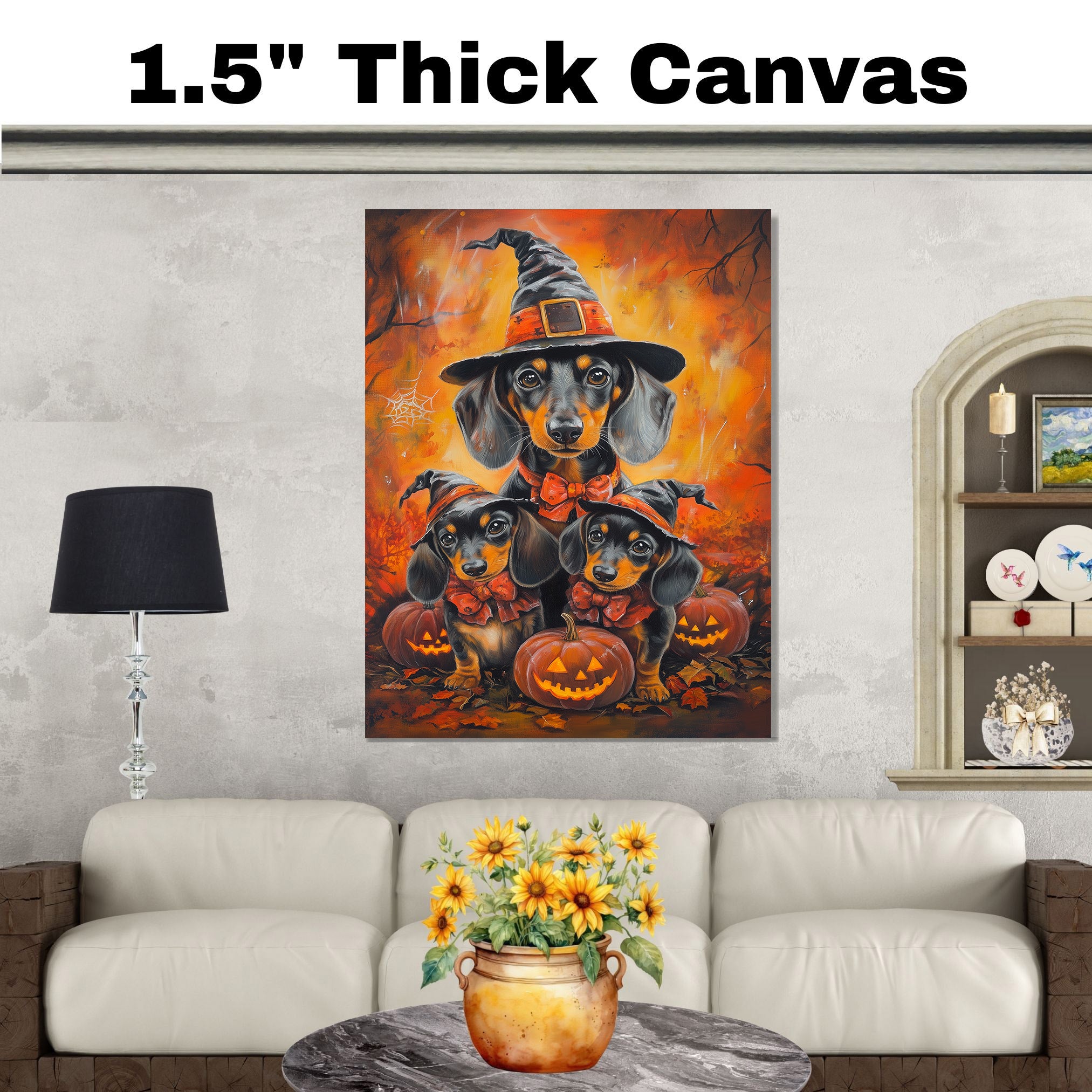 Dachshund Dog Halloween Canvas Wall Art with Pumpkins and Witch Hats Rustic Fall Accent for Cozy Autumn Homes on Ready to Hang 1.5" Thick Canvas Wrap, Floating Framed Canvas, Flat Rolled Canvas