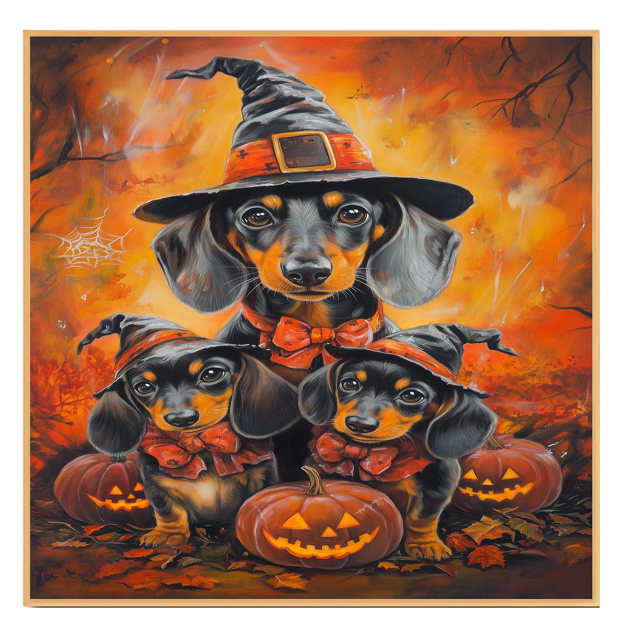 Dachshund Dog Halloween Canvas Wall Art with Pumpkins and Witch Hats Rustic Fall Accent for Cozy Autumn Homes on Ready to Hang 1.5" Thick Canvas Wrap, Floating Framed Canvas, Flat Rolled Canvas