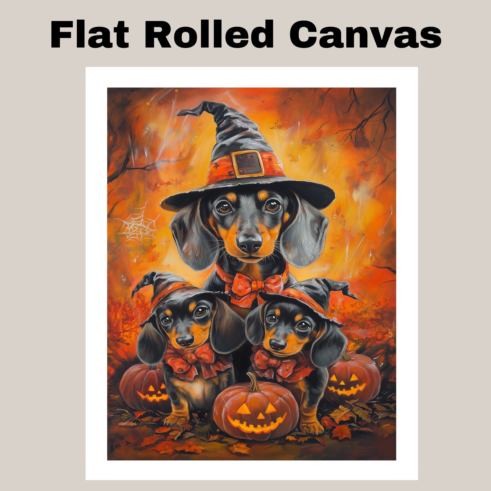 Dachshund Dog Halloween Canvas Wall Art with Pumpkins and Witch Hats Rustic Fall Accent for Cozy Autumn Homes on Ready to Hang 1.5" Thick Canvas Wrap, Floating Framed Canvas, Flat Rolled Canvas