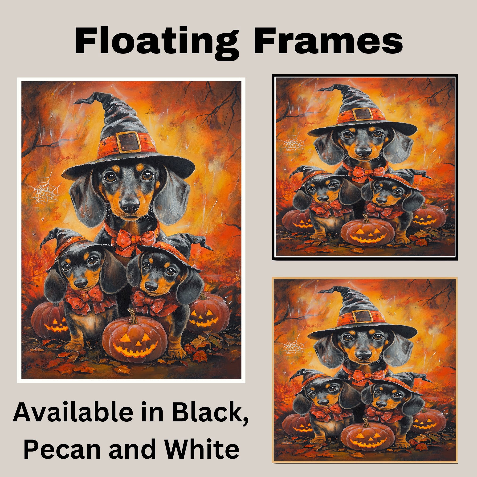 Dachshund Dog Halloween Canvas Wall Art with Pumpkins and Witch Hats Rustic Fall Accent for Cozy Autumn Homes on Ready to Hang 1.5" Thick Canvas Wrap, Floating Framed Canvas, Flat Rolled Canvas