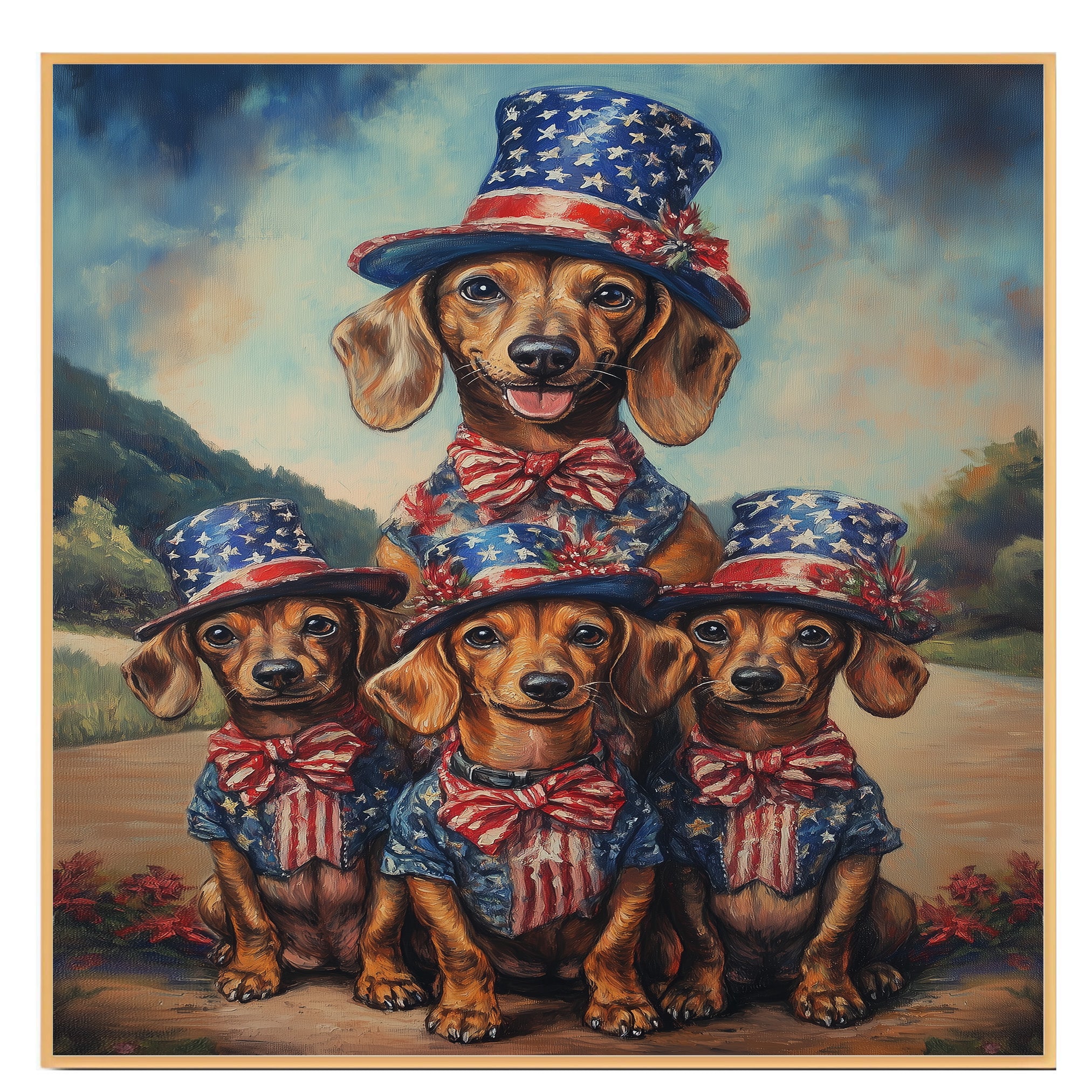 Mother Dachshund Dog and Three Puppies in Patriotic Stars and Stripes Outfits on Ready to Hang 1.5" Thick Canvas Wrap, Floating Framed Canvas, Flat Rolled Canvas