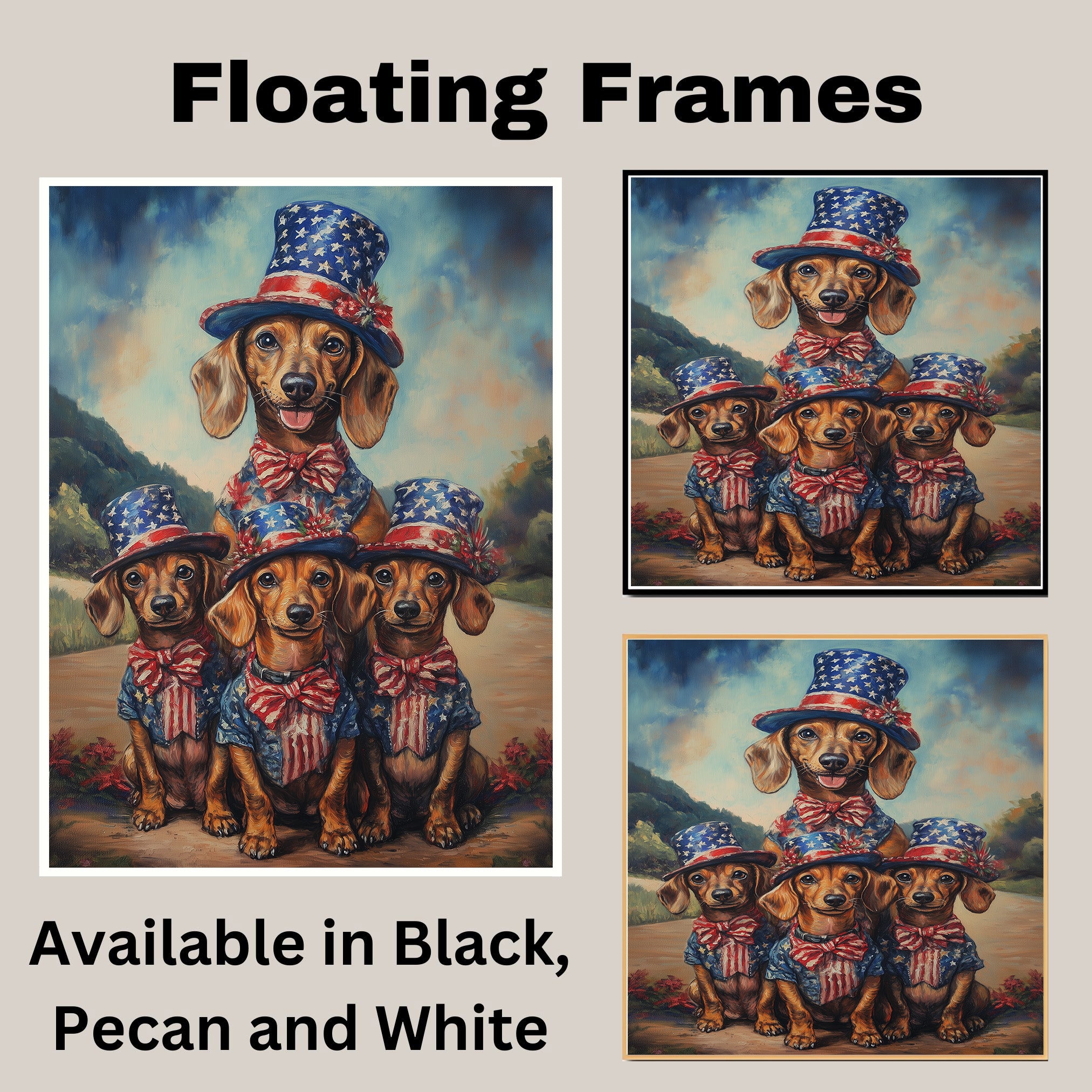 Mother Dachshund Dog and Three Puppies in Patriotic Stars and Stripes Outfits on Ready to Hang 1.5" Thick Canvas Wrap, Floating Framed Canvas, Flat Rolled Canvas