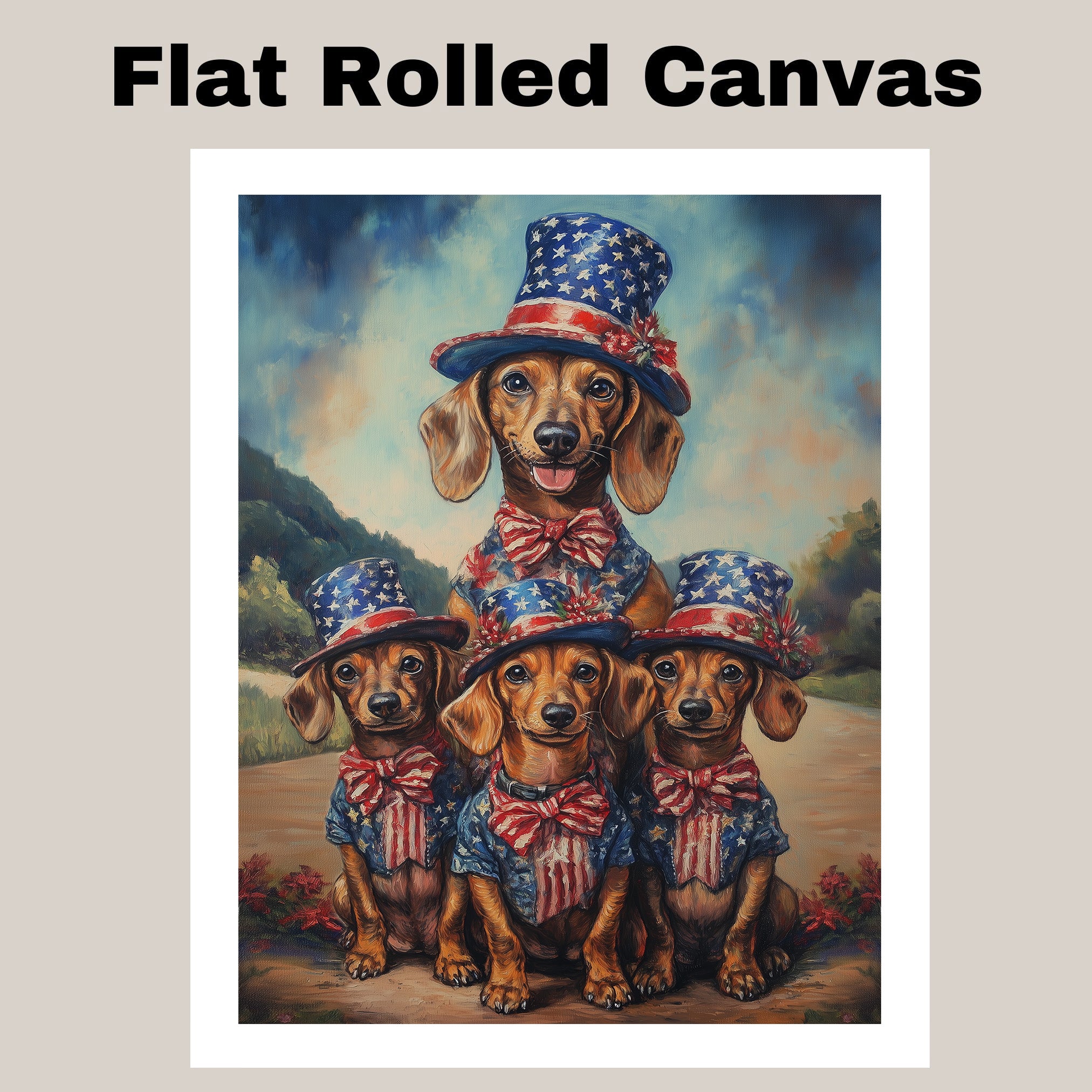 Mother Dachshund Dog and Three Puppies in Patriotic Stars and Stripes Outfits on Ready to Hang 1.5" Thick Canvas Wrap, Floating Framed Canvas, Flat Rolled Canvas