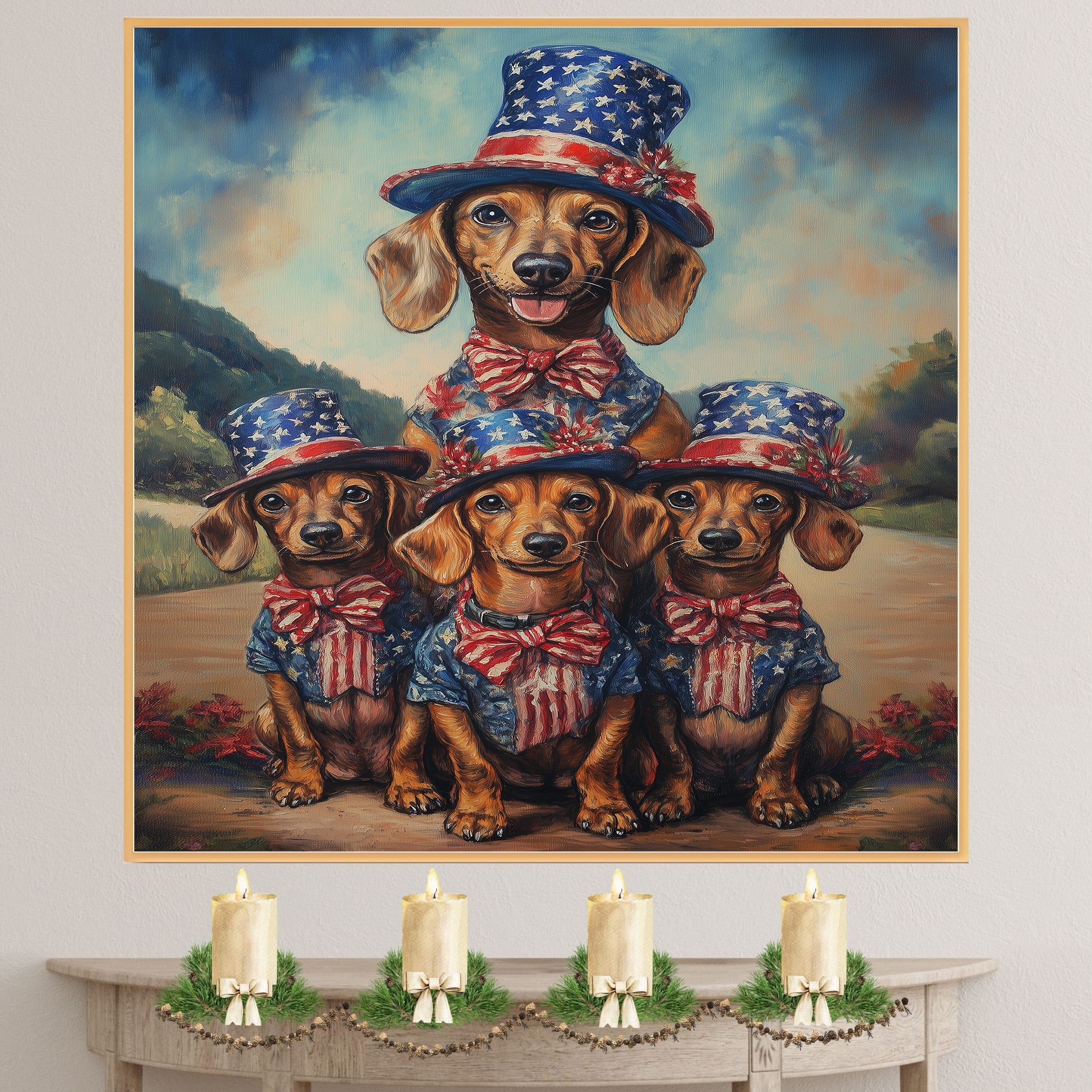 Mother Dachshund Dog and Three Puppies in Patriotic Stars and Stripes Outfits on Ready to Hang 1.5" Thick Canvas Wrap, Floating Framed Canvas, Flat Rolled Canvas