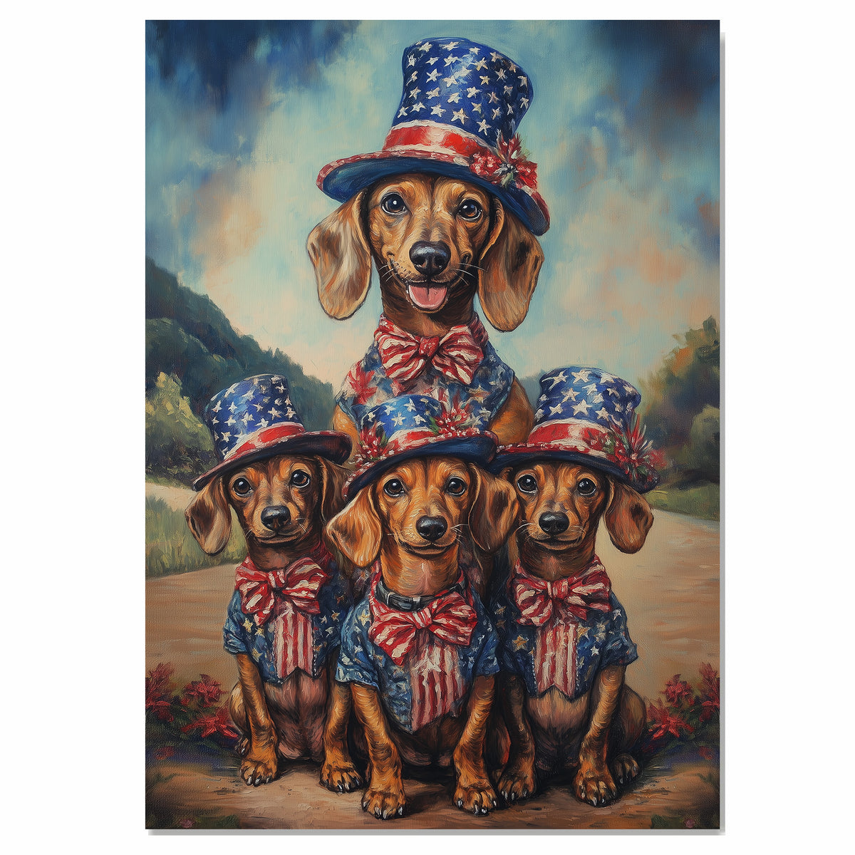 Mother Dachshund Dog and Three Puppies in Patriotic Stars and Stripes Outfits on Ready to Hang 1.5" Thick Canvas Wrap, Floating Framed Canvas, Flat Rolled Canvas