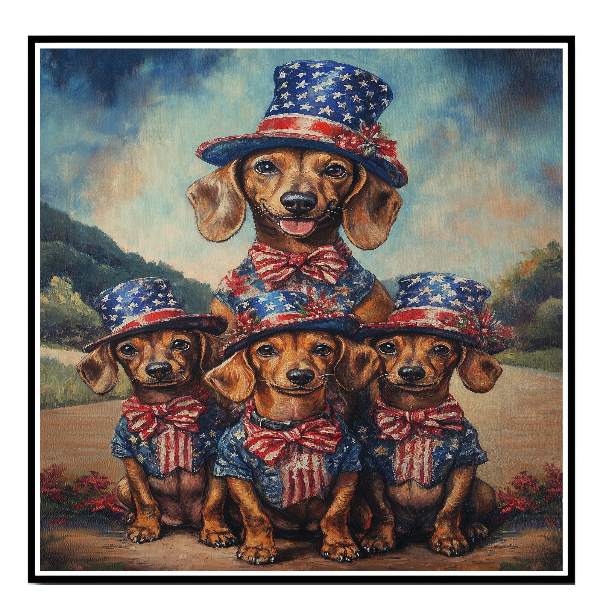 Mother Dachshund Dog and Three Puppies in Patriotic Stars and Stripes Outfits on Ready to Hang 1.5" Thick Canvas Wrap, Floating Framed Canvas, Flat Rolled Canvas