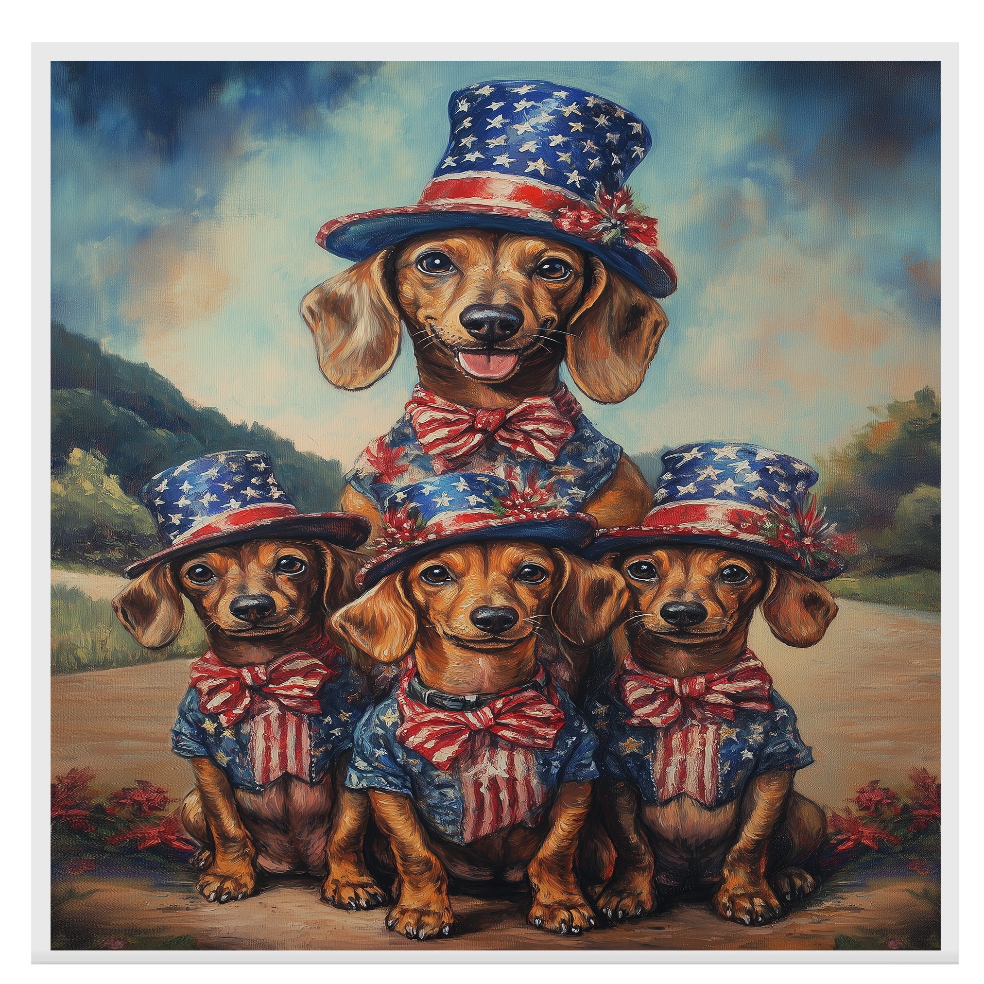 Mother Dachshund Dog and Three Puppies in Patriotic Stars and Stripes Outfits on Ready to Hang 1.5" Thick Canvas Wrap, Floating Framed Canvas, Flat Rolled Canvas