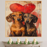 Dachshund Couple with Red Heart Romantic Dog Artwork for Pet Lovers and Cozy Rustic Home Decor on Ready to Hang 1.5" Thick Canvas Wrap, Floating Framed Canvas, Flat Rolled Canvas