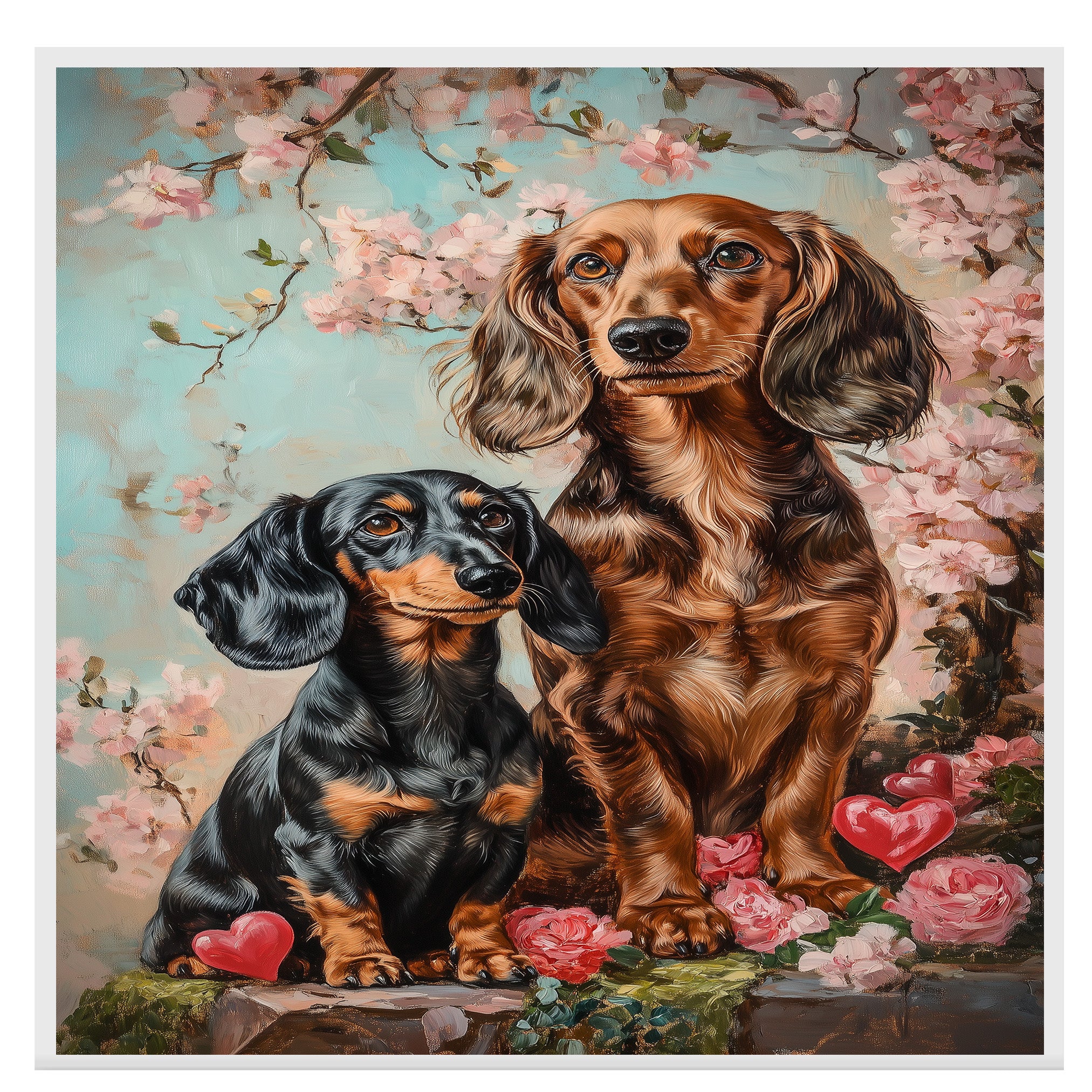 Charming Dachshund Couple with Flowers and Hearts Romantic Dog Artwork for Pet Lovers and Elegant Home Decor on Ready to Hang 1.5" Thick Canvas Wrap, Floating Framed Canvas, Flat Rolled Canvas