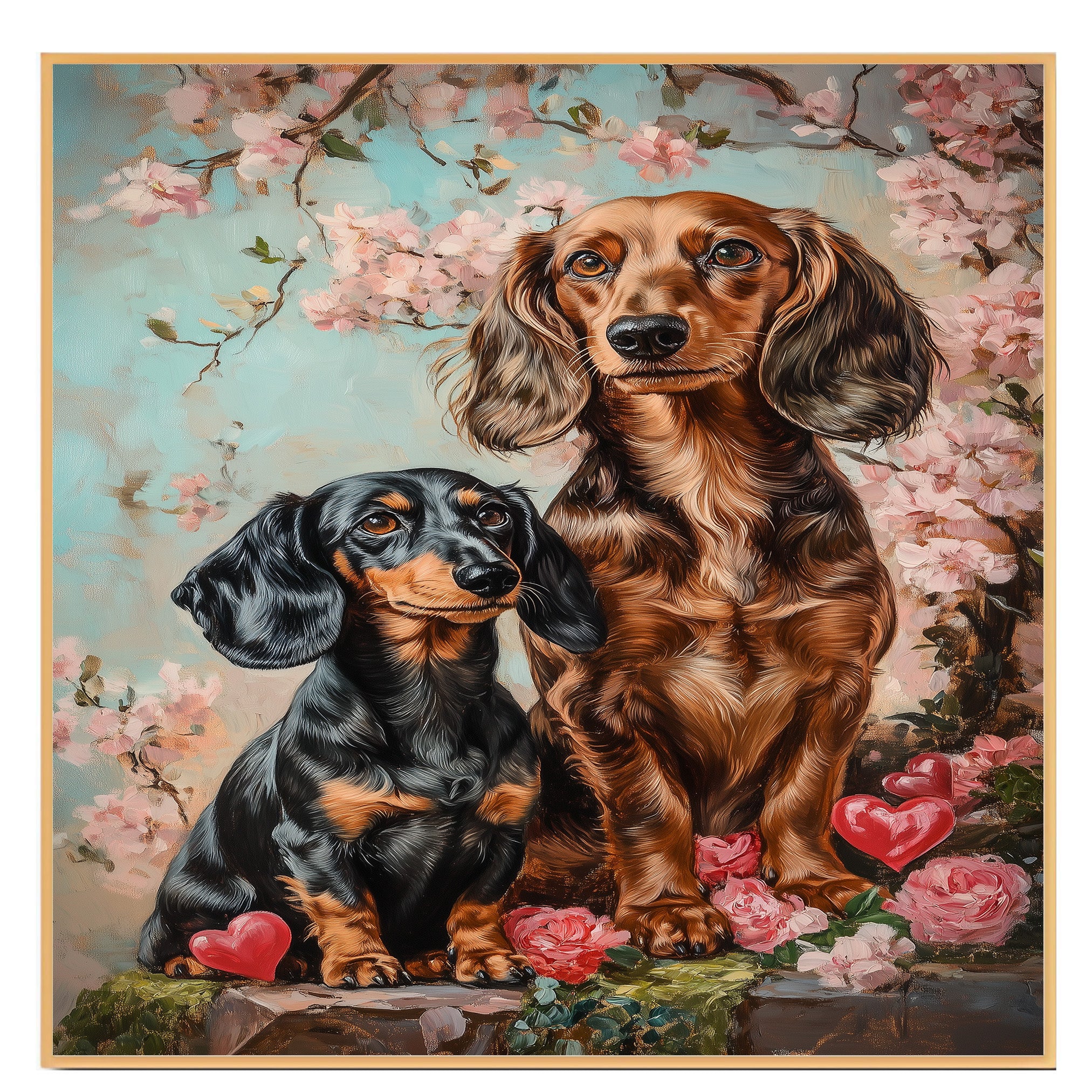 Charming Dachshund Couple with Flowers and Hearts Romantic Dog Artwork for Pet Lovers and Elegant Home Decor on Ready to Hang 1.5" Thick Canvas Wrap, Floating Framed Canvas, Flat Rolled Canvas