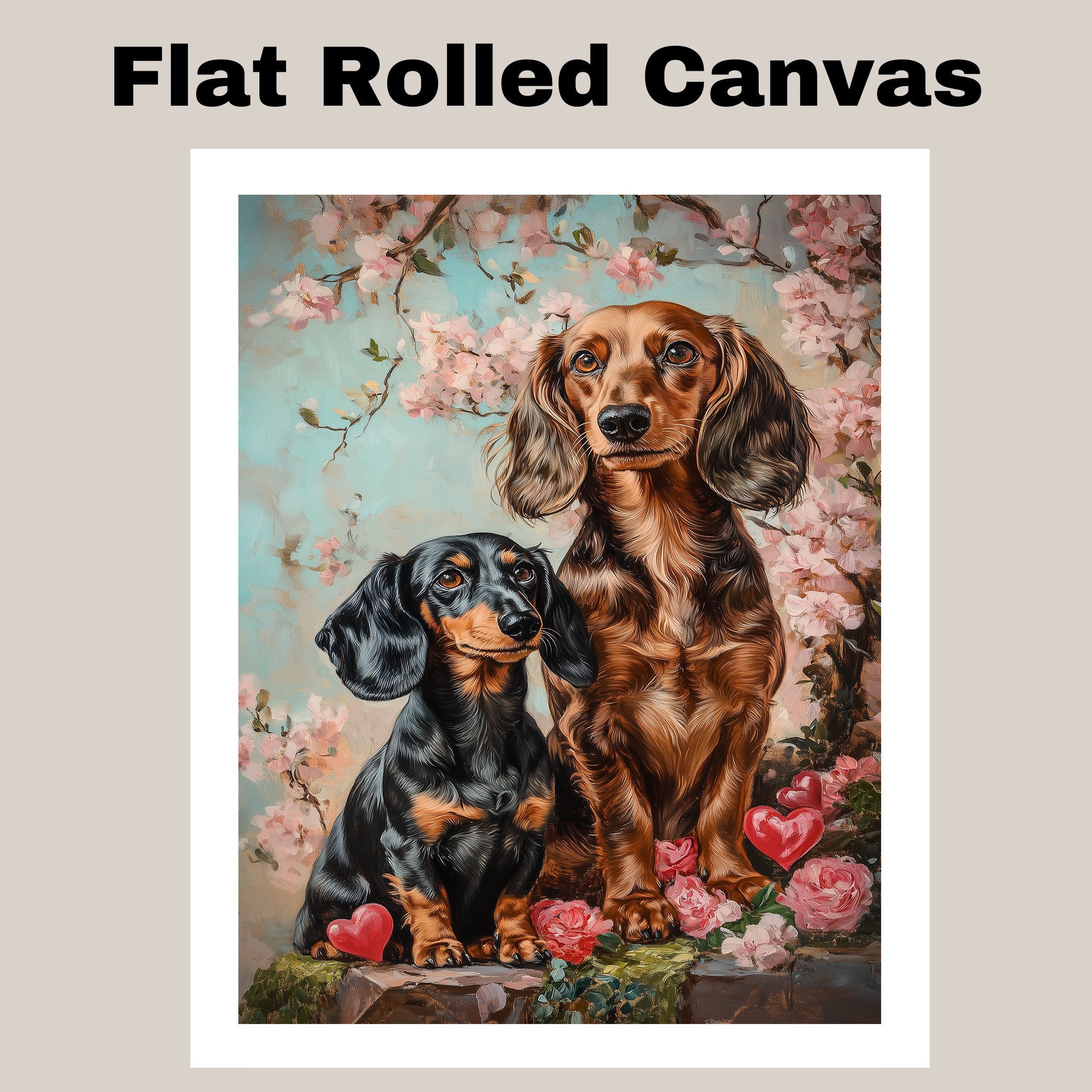 Charming Dachshund Couple with Flowers and Hearts Romantic Dog Artwork for Pet Lovers and Elegant Home Decor on Ready to Hang 1.5" Thick Canvas Wrap, Floating Framed Canvas, Flat Rolled Canvas