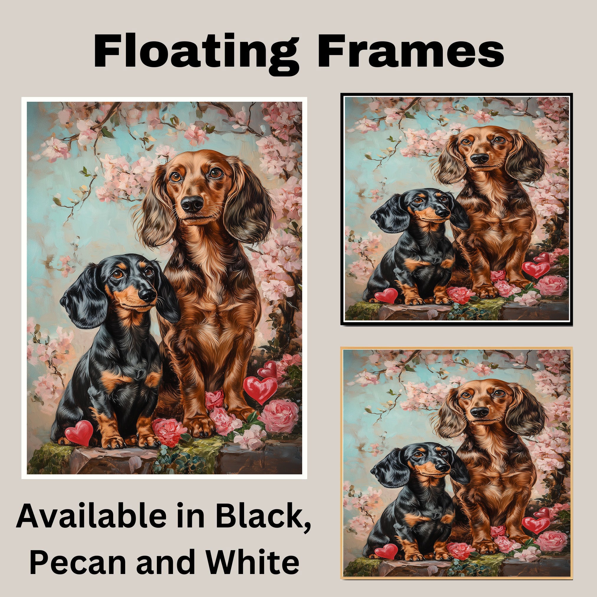 Charming Dachshund Couple with Flowers and Hearts Romantic Dog Artwork for Pet Lovers and Elegant Home Decor on Ready to Hang 1.5" Thick Canvas Wrap, Floating Framed Canvas, Flat Rolled Canvas
