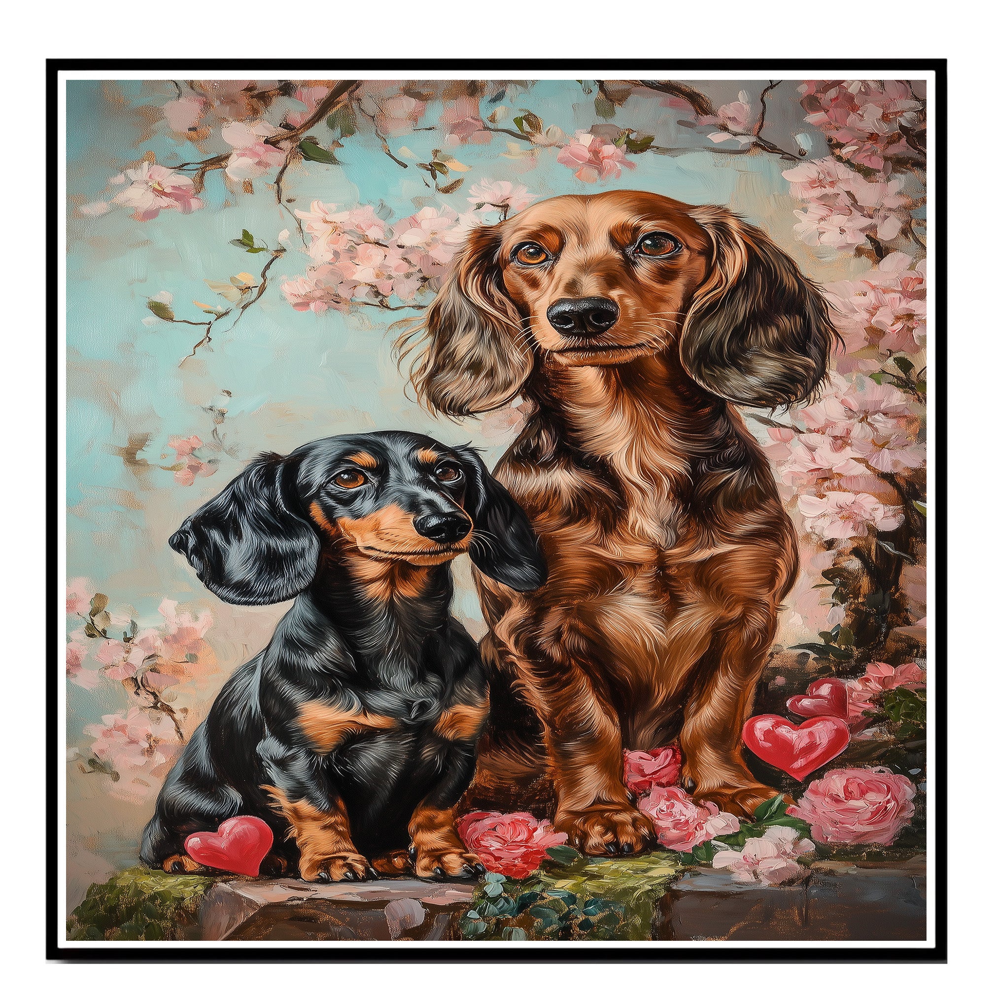 Charming Dachshund Couple with Flowers and Hearts Romantic Dog Artwork for Pet Lovers and Elegant Home Decor on Ready to Hang 1.5" Thick Canvas Wrap, Floating Framed Canvas, Flat Rolled Canvas