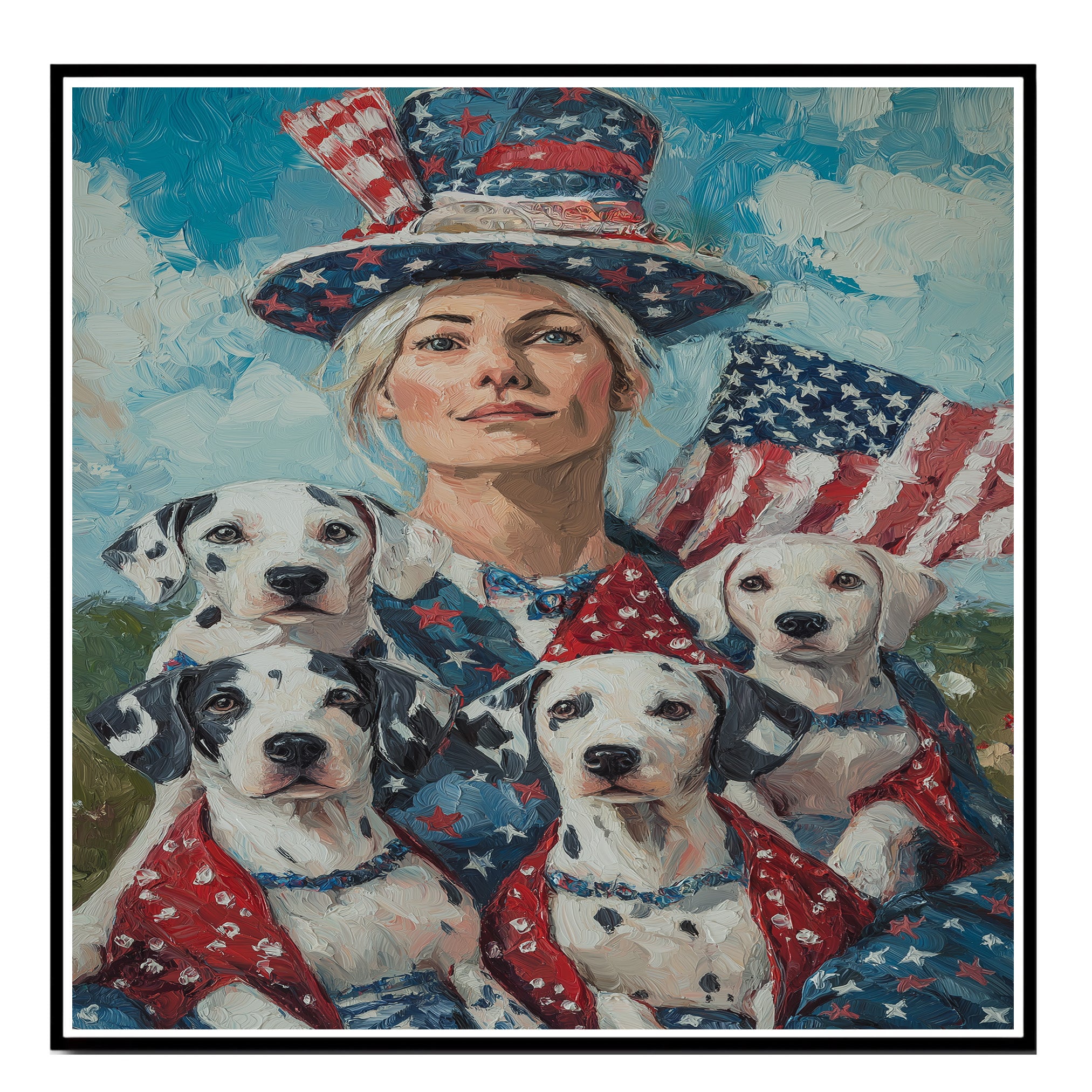 Woman in Patriotic Attire with Four Dalmatian Puppies and American Flag on Ready to Hang 1.5" Thick Canvas Wrap, Floating Framed Canvas, Flat Rolled Canvas