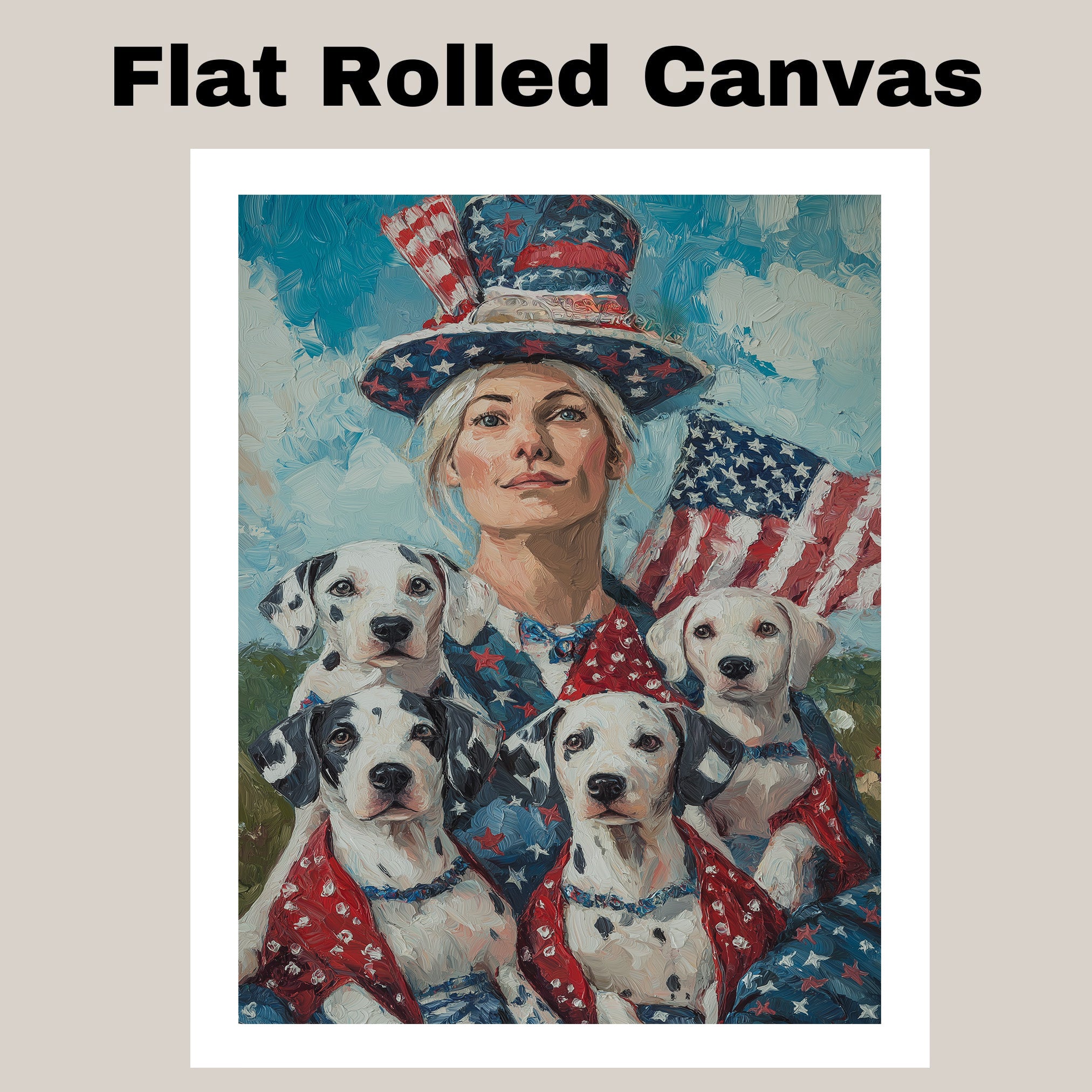 Woman in Patriotic Attire with Four Dalmatian Puppies and American Flag on Ready to Hang 1.5" Thick Canvas Wrap, Floating Framed Canvas, Flat Rolled Canvas