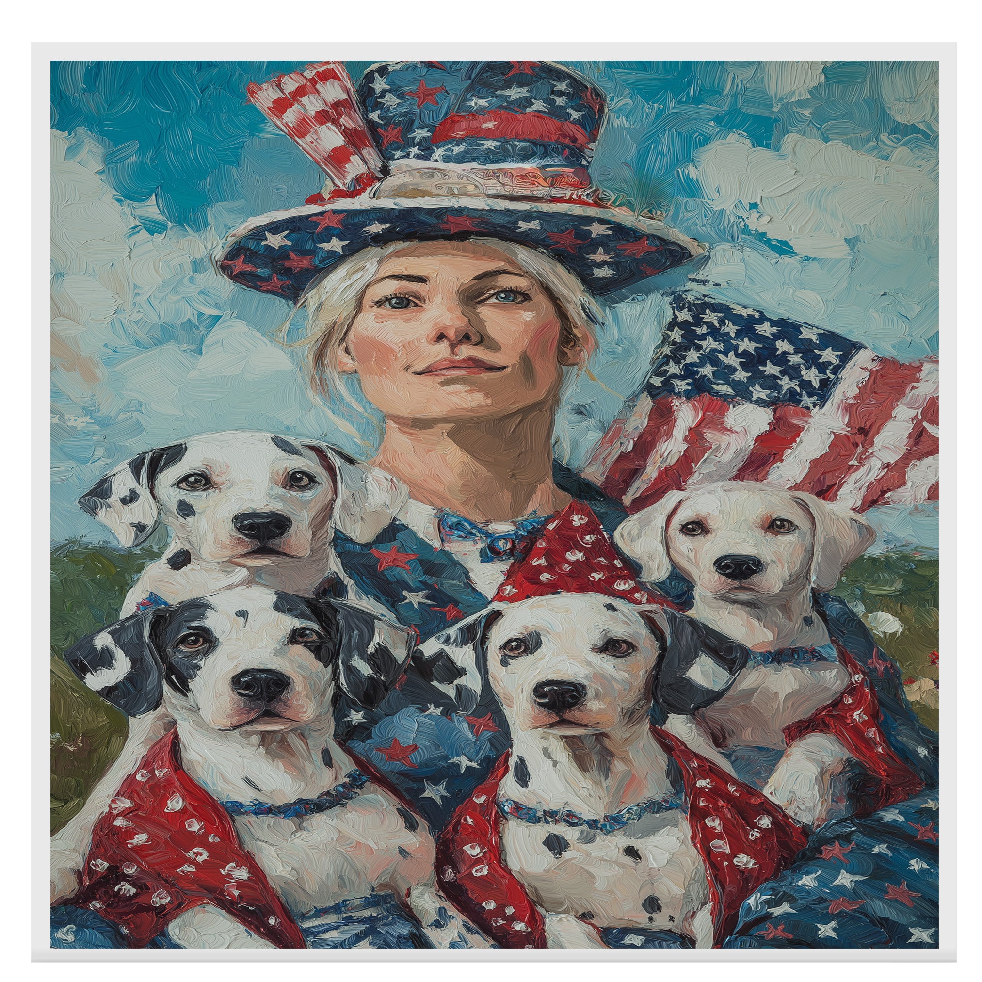 Woman in Patriotic Attire with Four Dalmatian Puppies and American Flag on Ready to Hang 1.5" Thick Canvas Wrap, Floating Framed Canvas, Flat Rolled Canvas